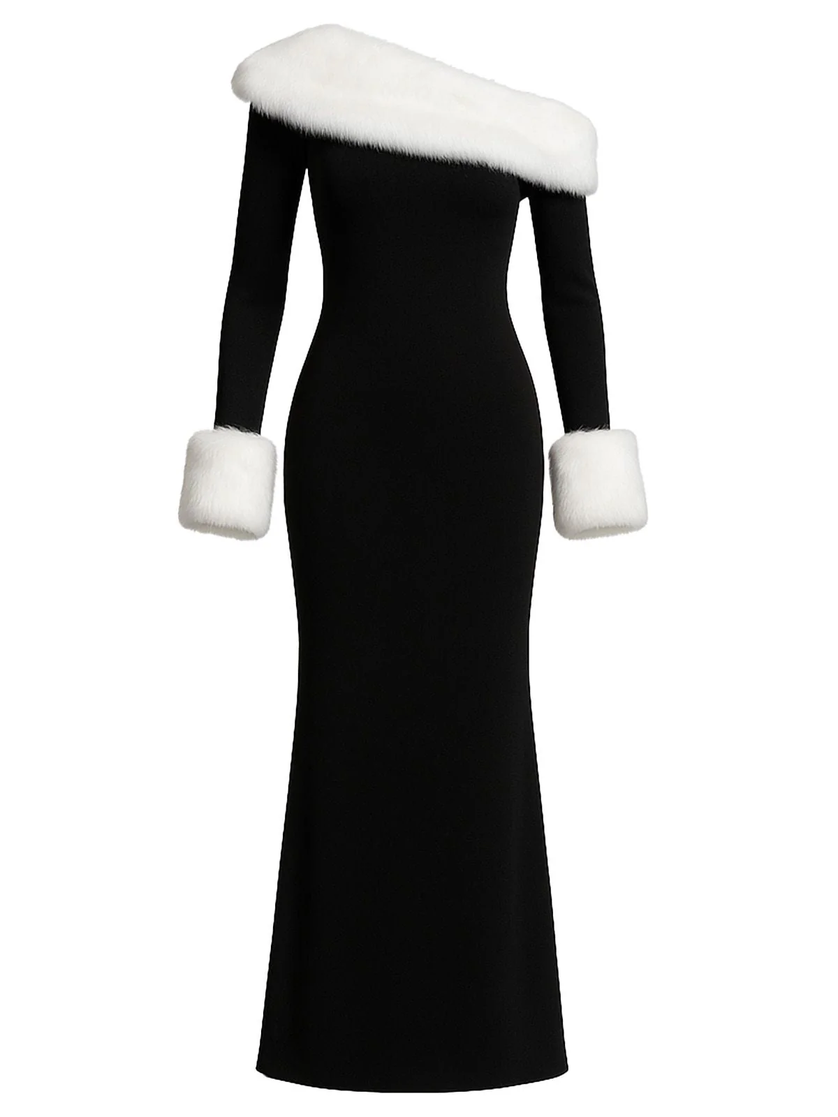 Schwarz 1980er Schulterfrei Pelz Besatz Kleid - Image 2