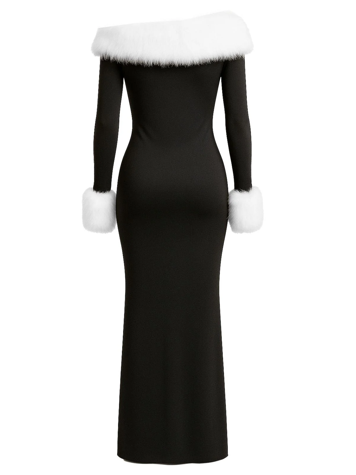 Schwarz 1980er Schulterfrei Pelz Besatz Kleid - Image 3