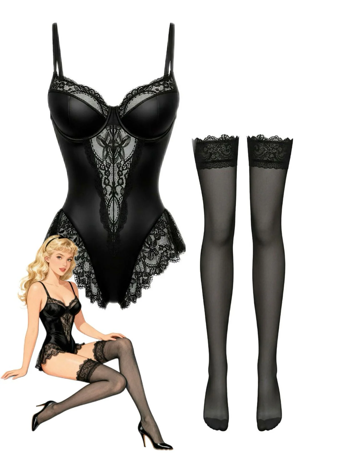 Schwarz 1980er Slip Satin Spitze Bügel Dessous Mit Strümpfen