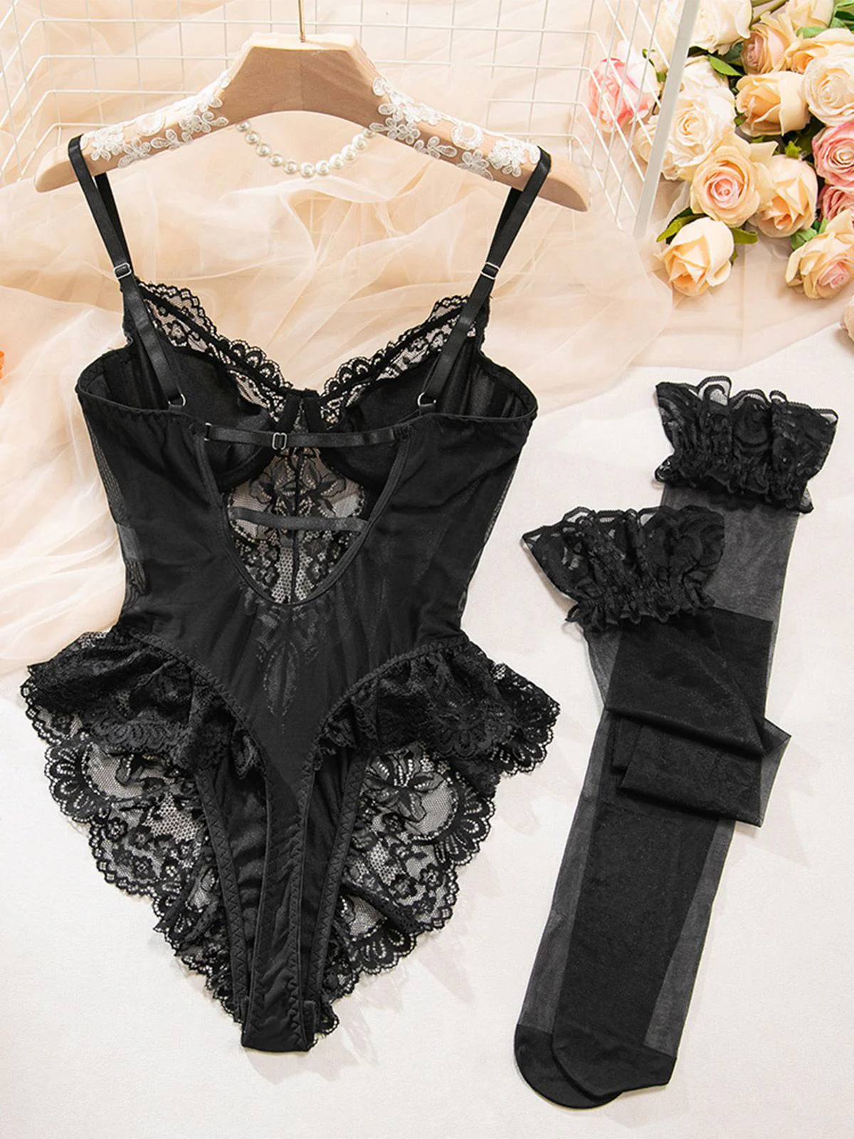 Schwarz 1980er Slip Satin Spitze Bügel Dessous Mit Strümpfen - Image 9