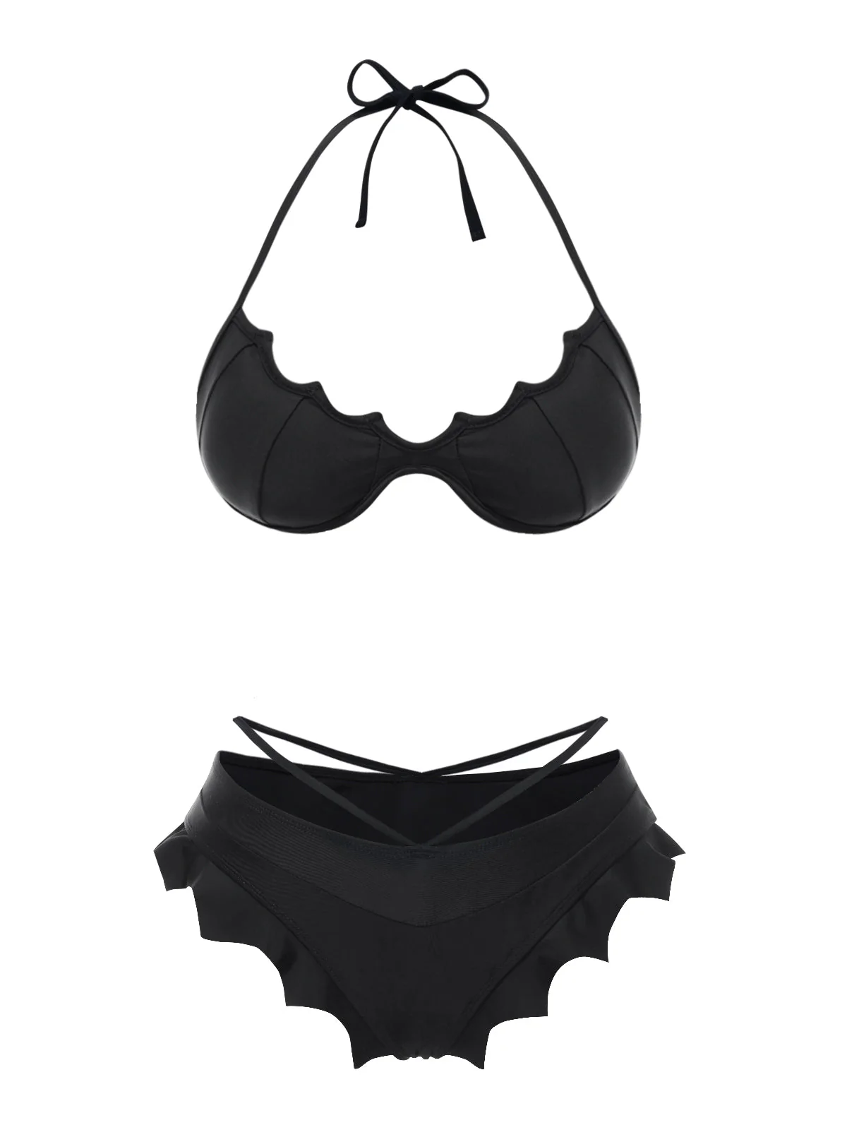 [Vorverkauf] Schwarz 1980er Solide Gothic Fledermausflügel Bikini Set - Image 3