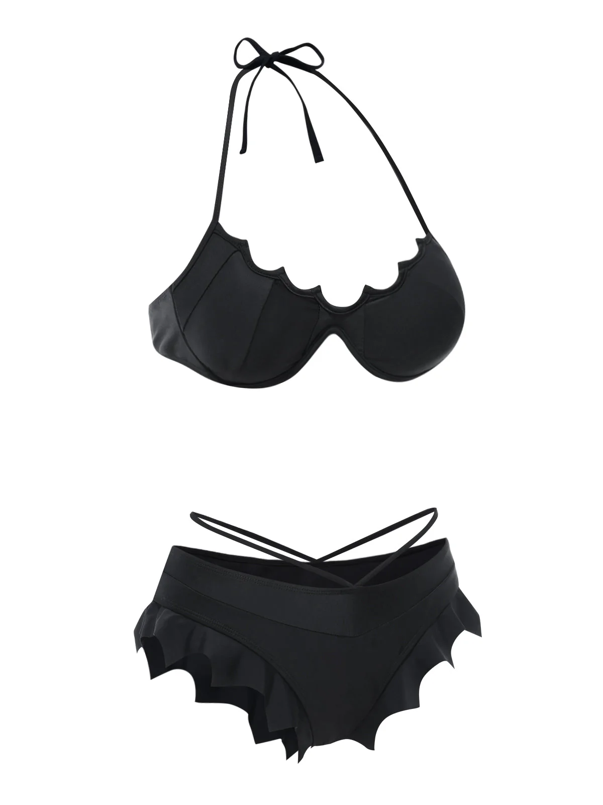 [Vorverkauf] Schwarz 1980er Solide Gothic Fledermausflügel Bikini Set - Image 4