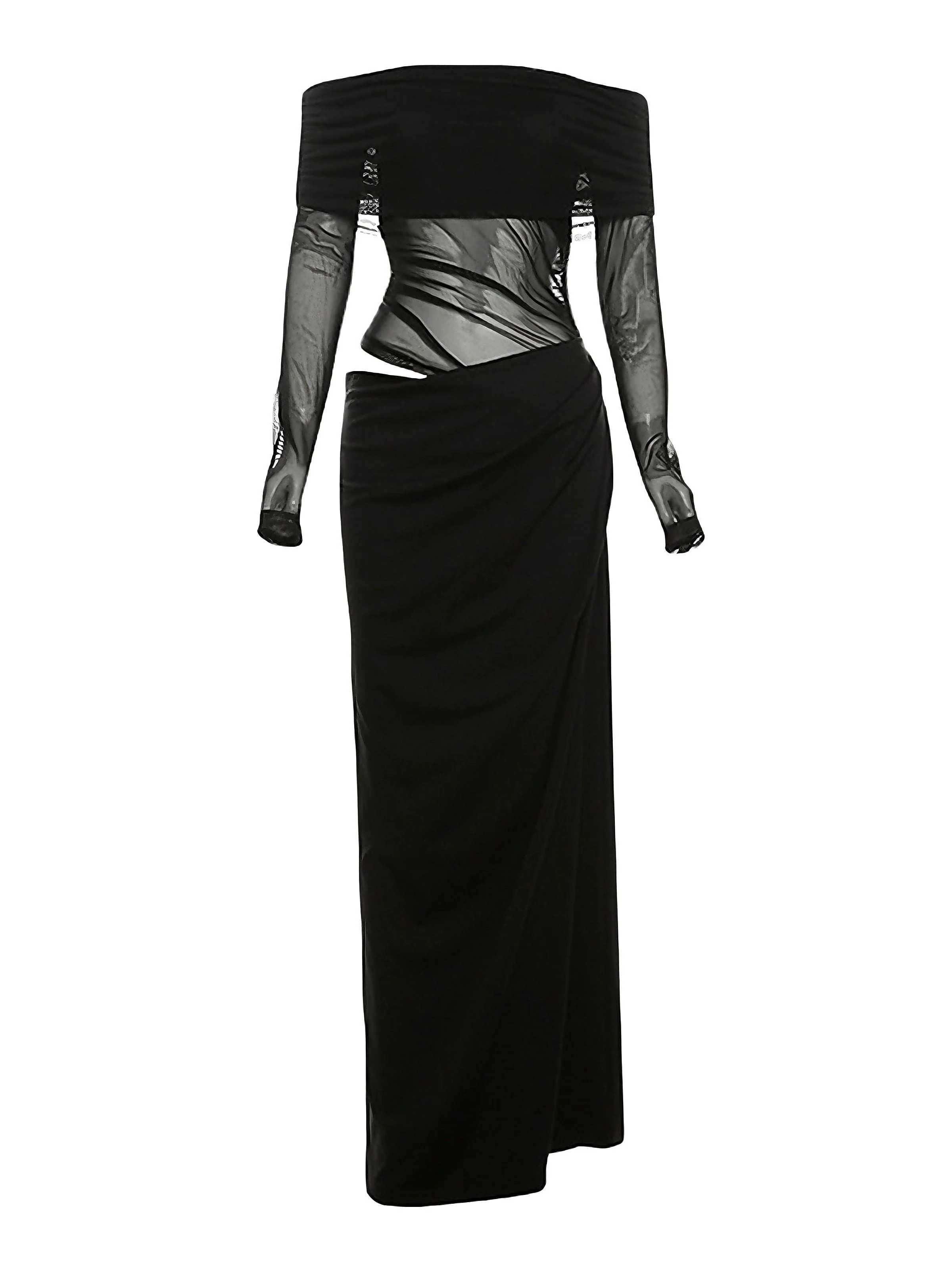 1980er Solide Schulterfrei Netz Cut-Out Durchsichtig Kleid - Image 4