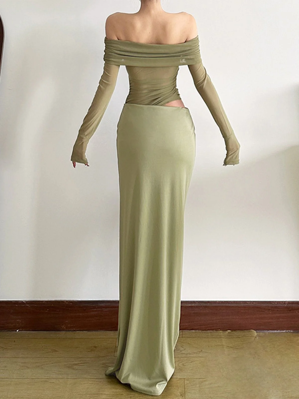 1980er Solide Schulterfrei Netz Cut-Out Durchsichtig Kleid - Image 10