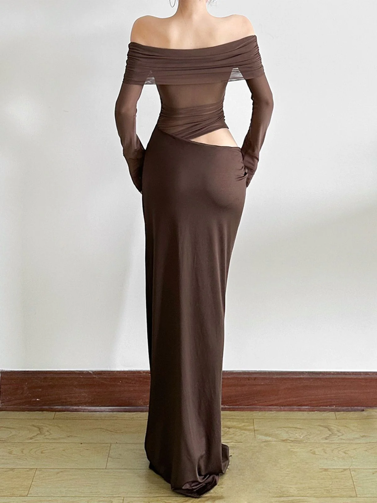 1980er Solide Schulterfrei Netz Cut-Out Durchsichtig Kleid - Image 12