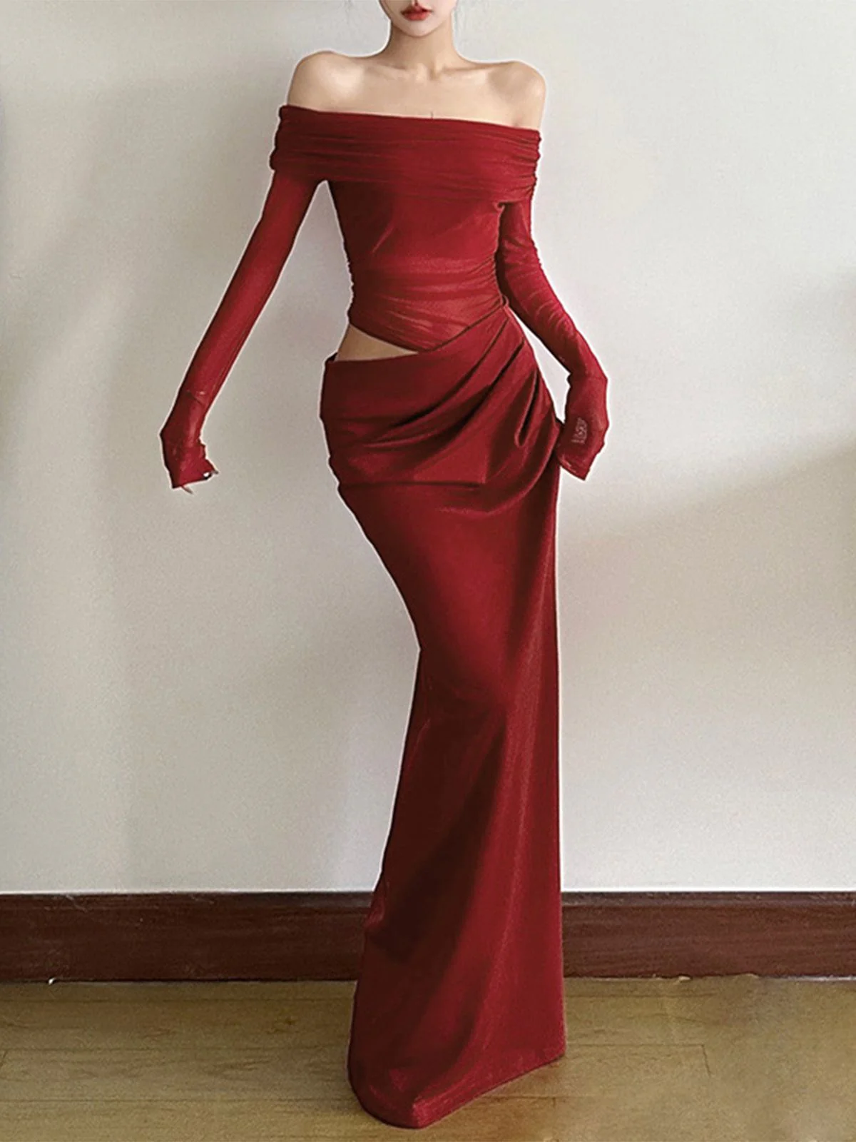 1980er Solide Schulterfrei Netz Cut-Out Durchsichtig Kleid - Image 2