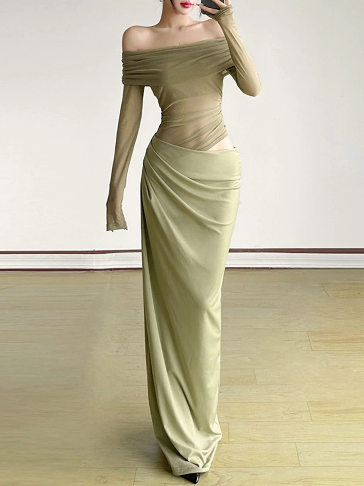 1980er Solide Schulterfrei Netz Cut-Out Durchsichtig Kleid - Image 9
