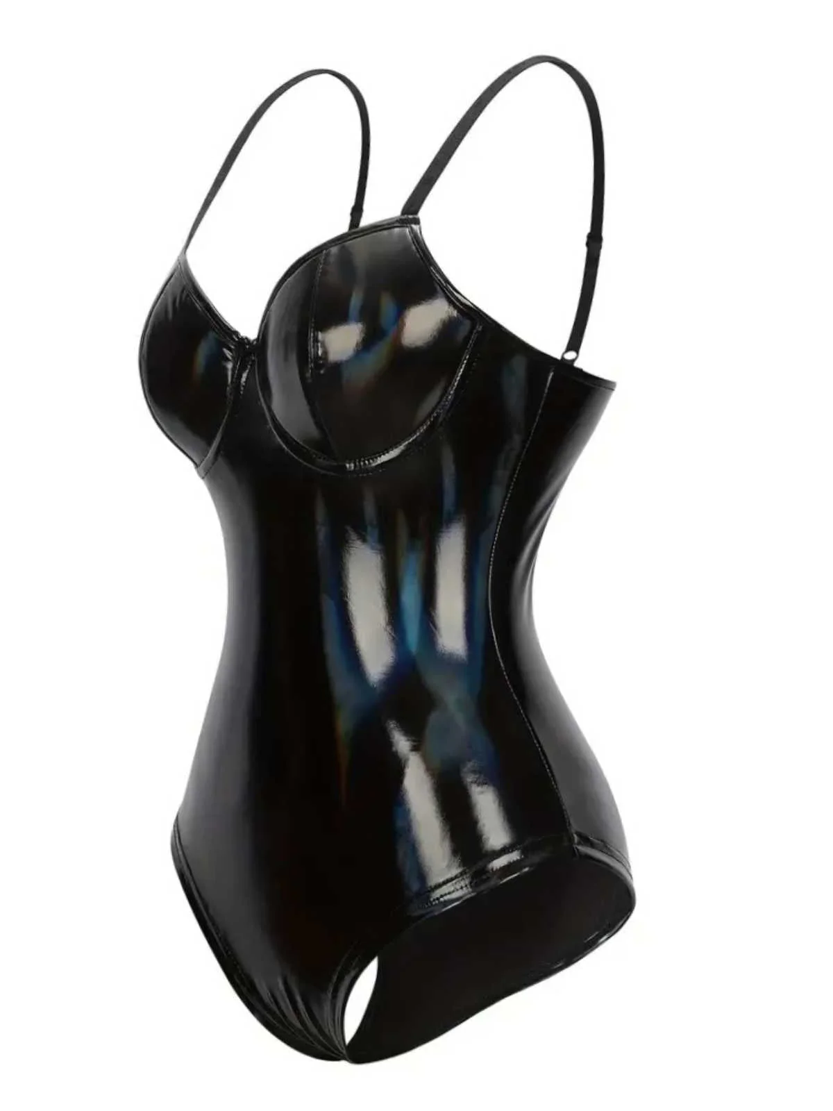 Schwarz 1980er Spaghetti Träger Leder Bodysuit - Image 2