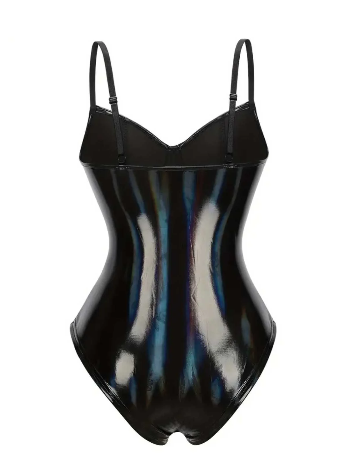 Schwarz 1980er Spaghetti Träger Leder Bodysuit - Image 3