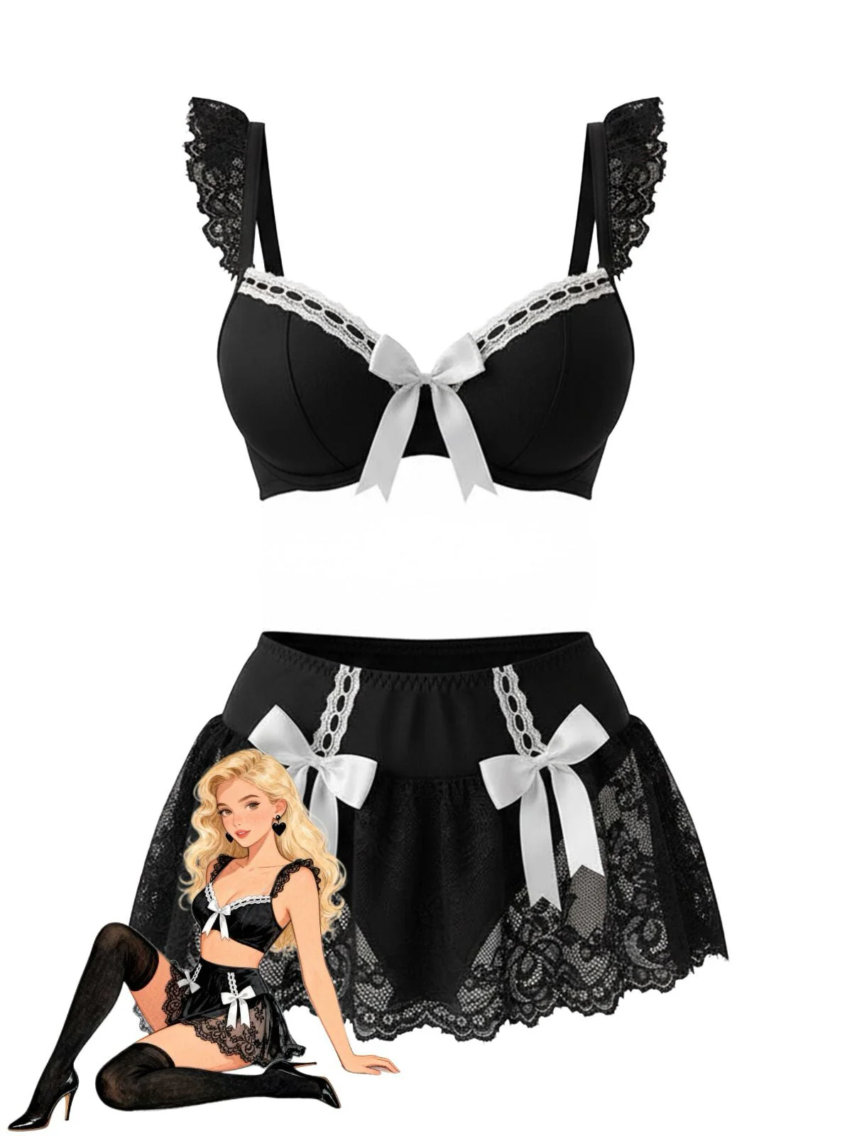 Schwarz 1980er Spitze Bogen Maid Kostüm Loungewear Set - Image 3