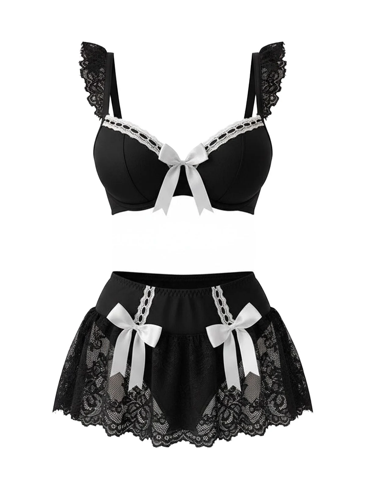 Schwarz 1980er Spitze Bogen Maid Kostüm Loungewear Set - Image 5