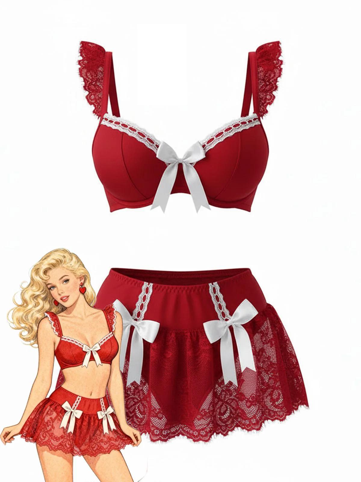 Schwarz 1980er Spitze Bogen Maid Kostüm Loungewear Set - Image 9