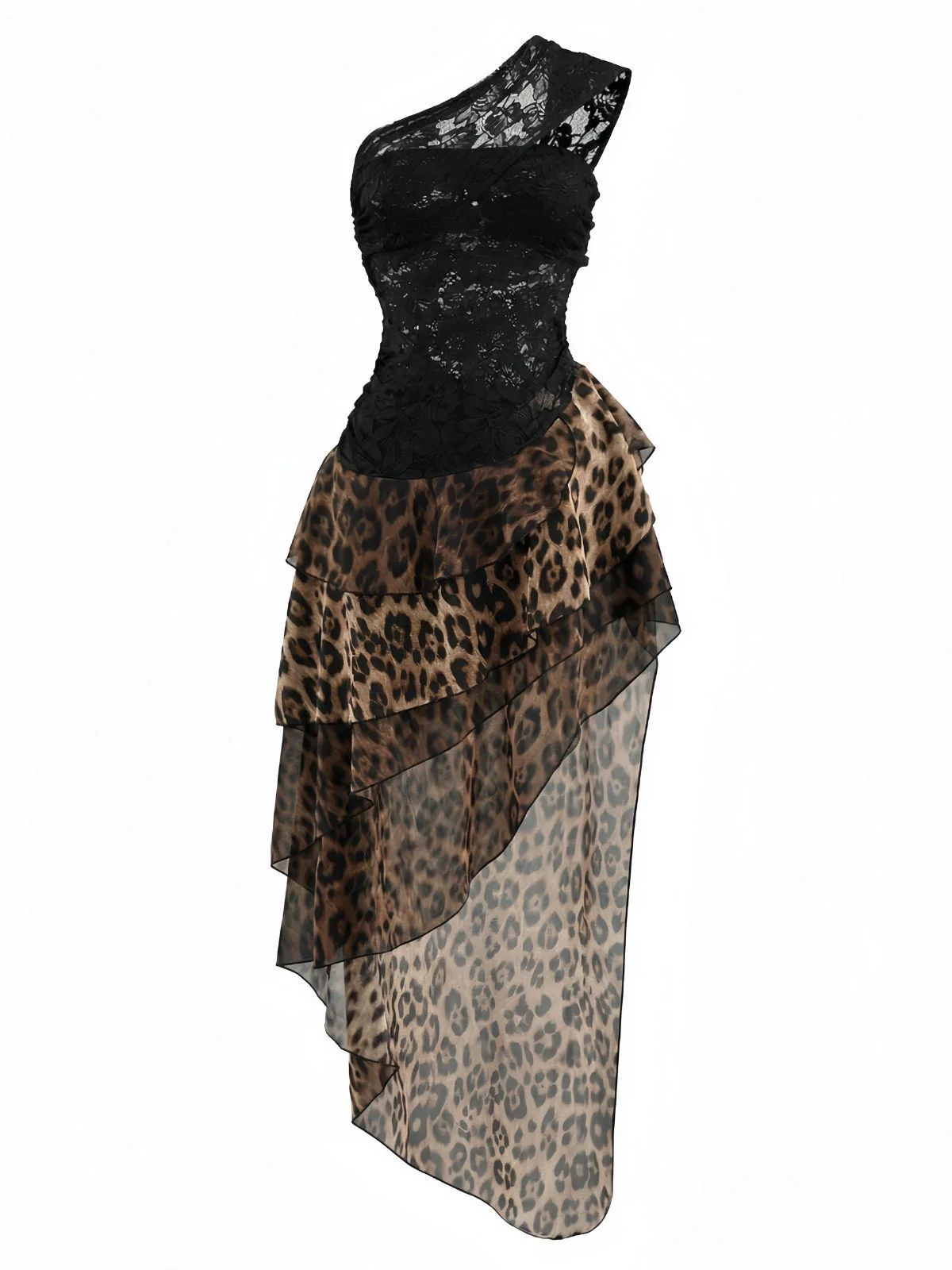 Schwarz 1980er Spitze Leopard Druck Asymmetrisch Kleid - Image 2