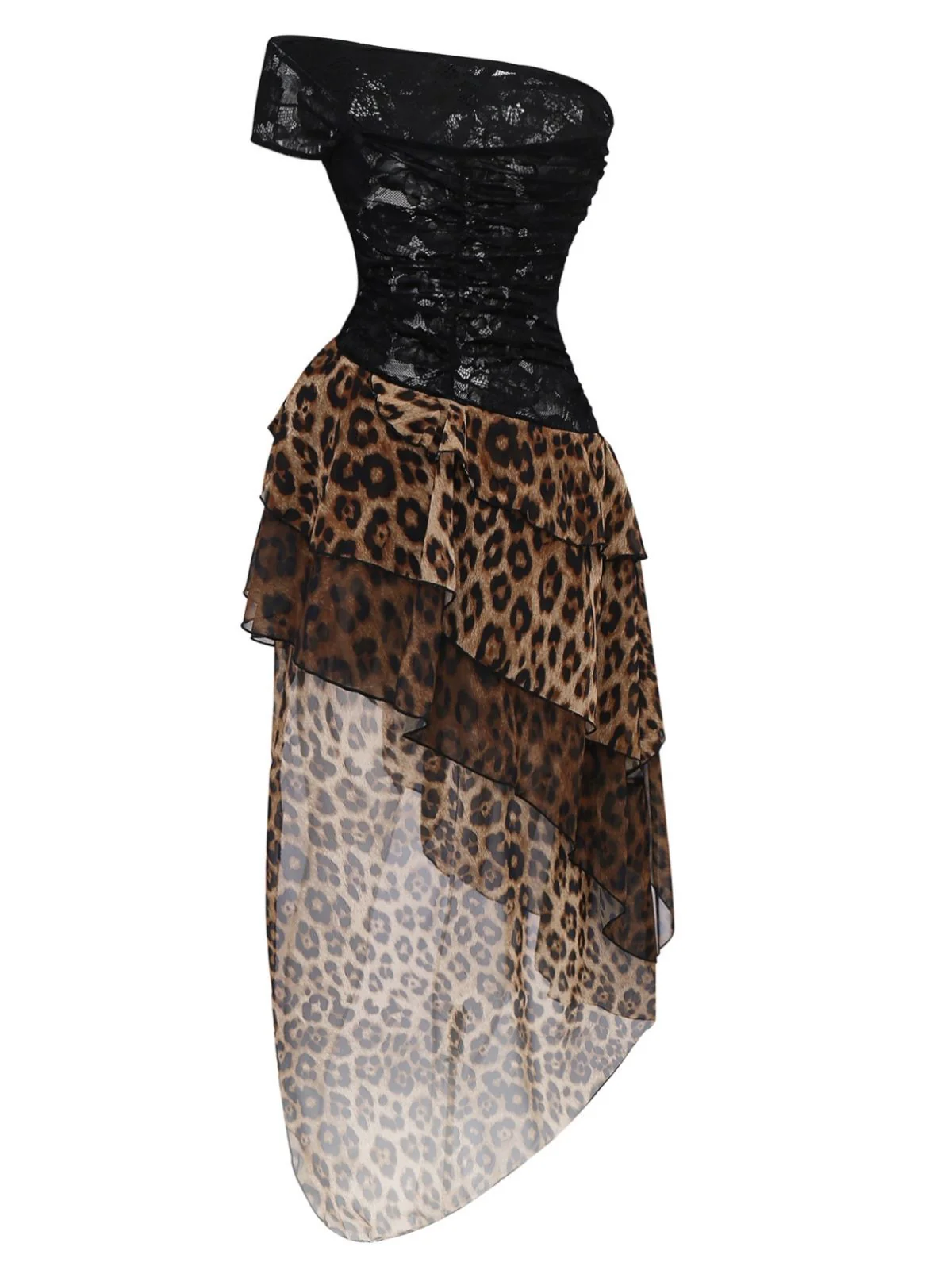 Schwarz 1980er Spitze Leopard Druck Asymmetrisch Kleid - Image 3