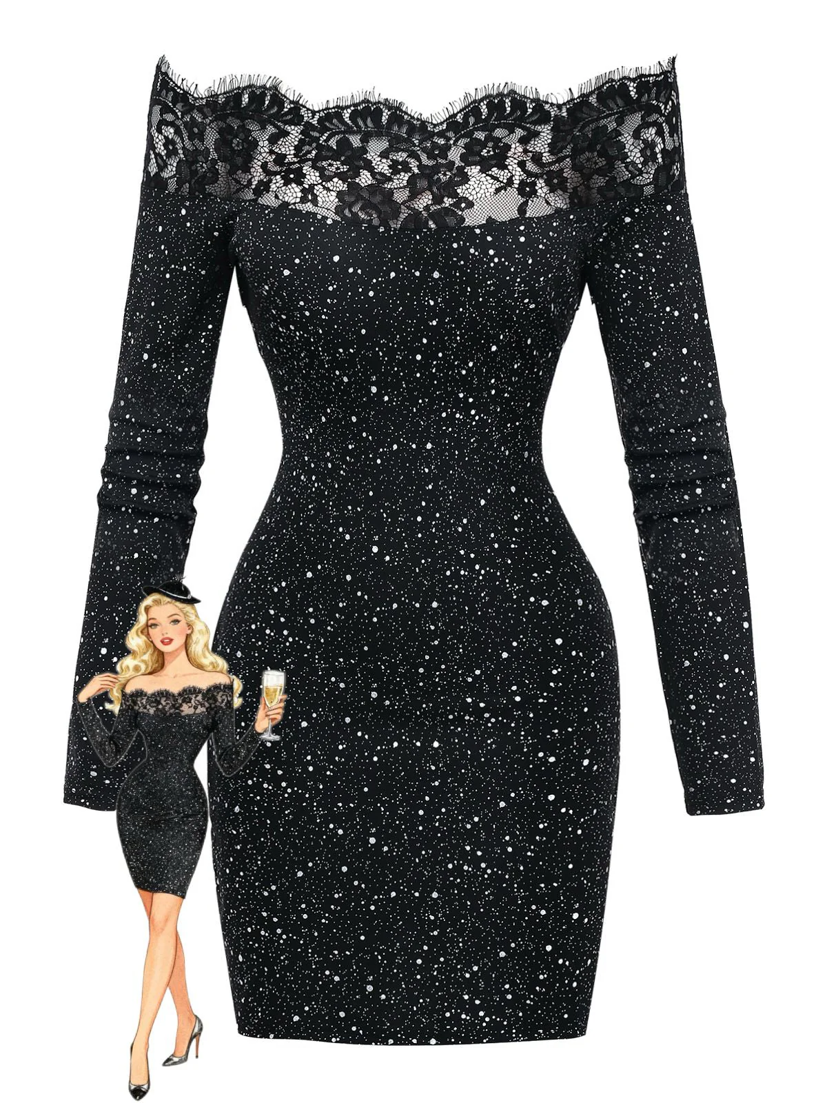 Schwarz 1980er Spitze Schulterfrei Silber Spritzer Enges Kleid