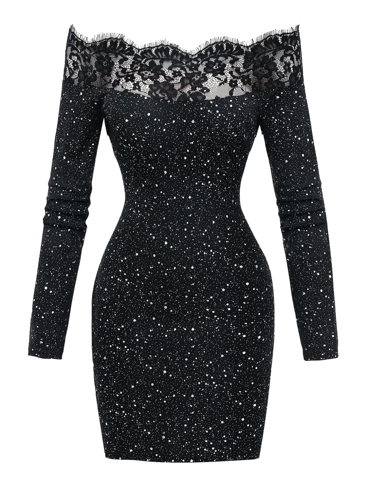 Schwarz 1980er Spitze Schulterfrei Silber Spritzer Enges Kleid - Image 2