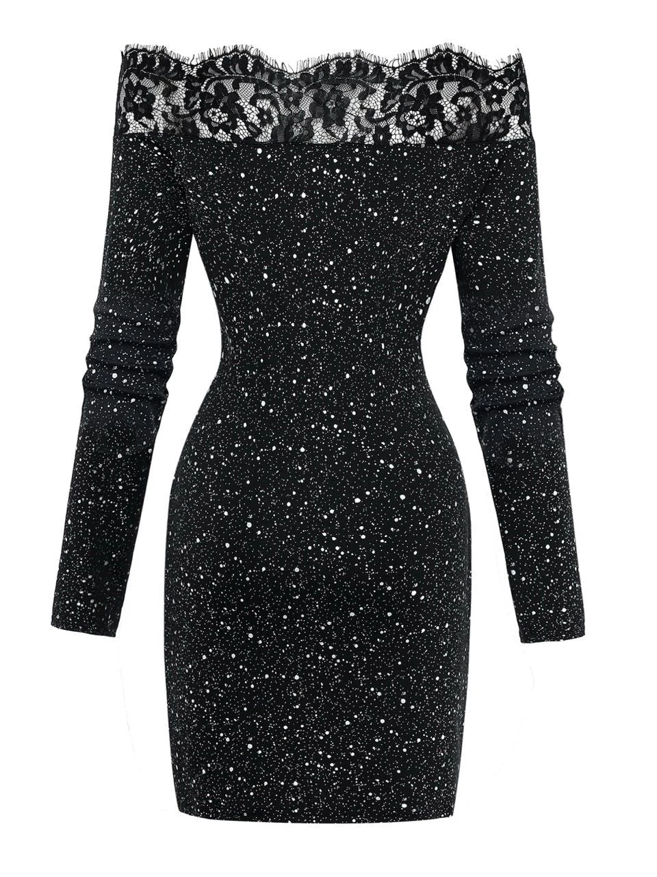 Schwarz 1980er Spitze Schulterfrei Silber Spritzer Enges Kleid - Image 3