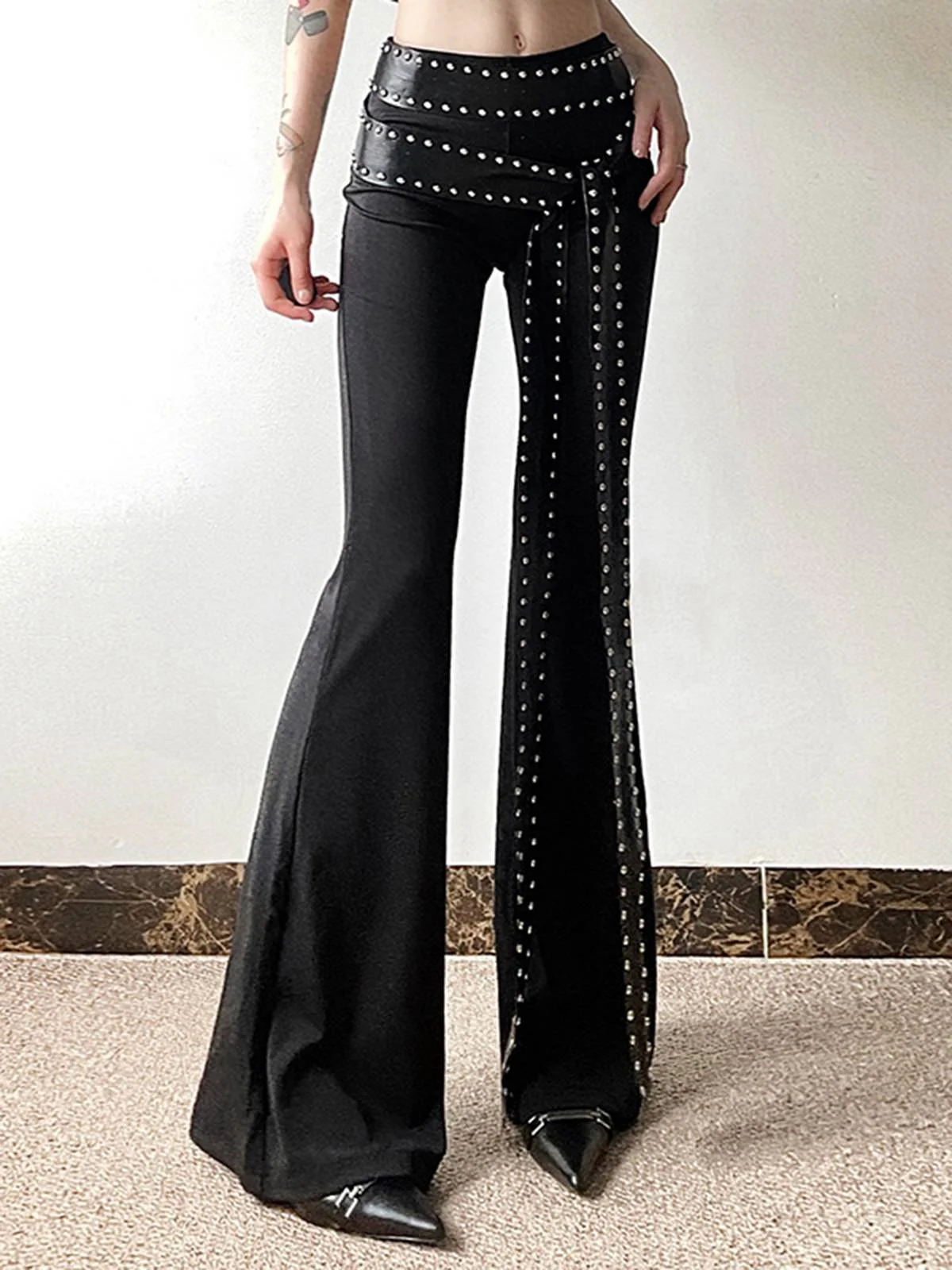 Schwarz 1980er Steampunk Schlag Niet Hose - Image 2