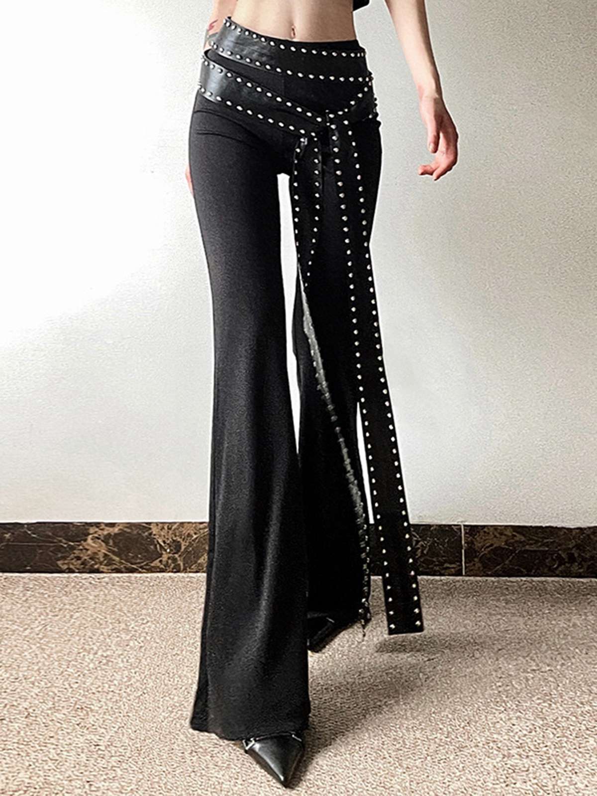 Schwarz 1980er Steampunk Schlag Niet Hose - Image 3