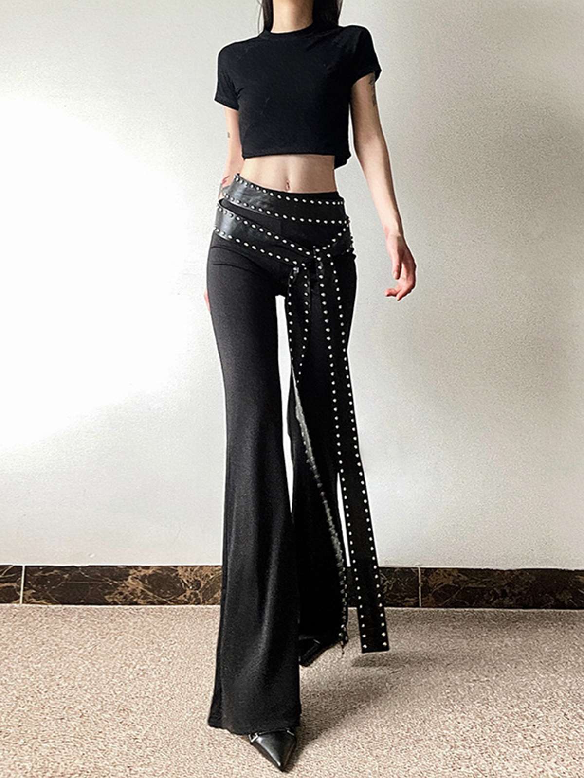 Schwarz 1980er Steampunk Schlag Niet Hose - Image 4