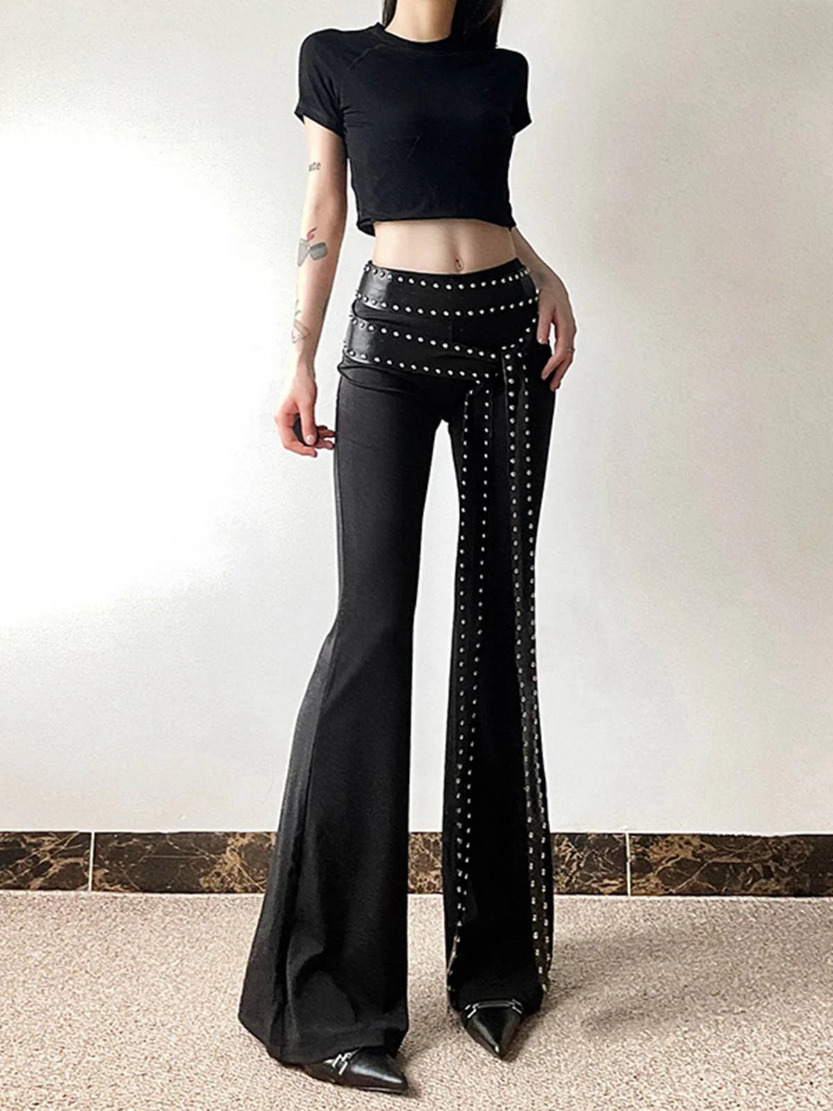 Schwarz 1980er Steampunk Schlag Niet Hose - Image 5