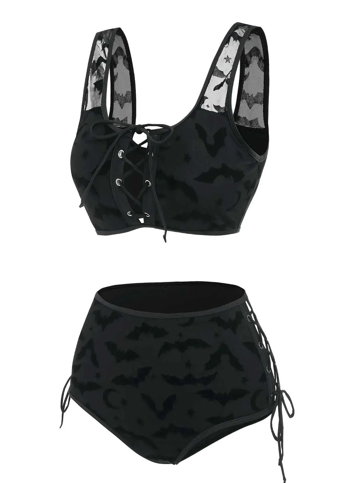 Schwarz 1980er Träger Fledermäuse Netz Gothic Bikini Set - Image 2