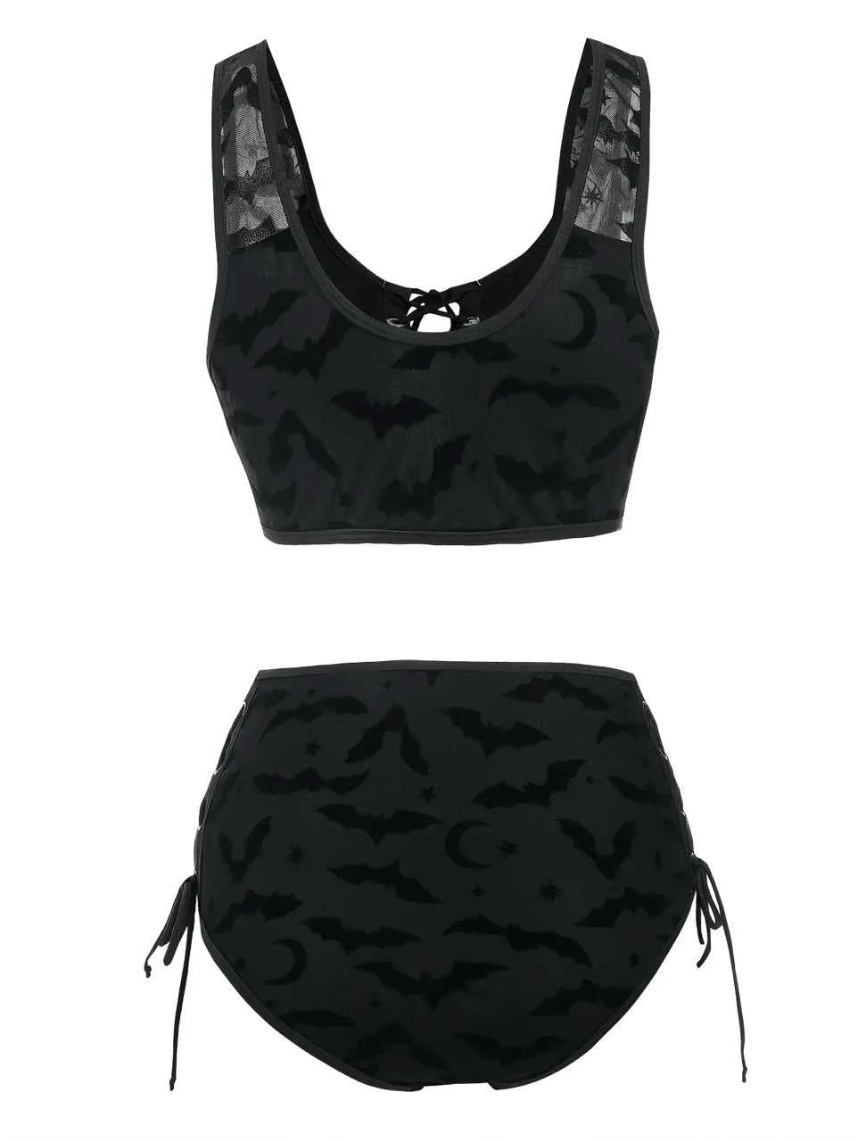Schwarz 1980er Träger Fledermäuse Netz Gothic Bikini Set - Image 3