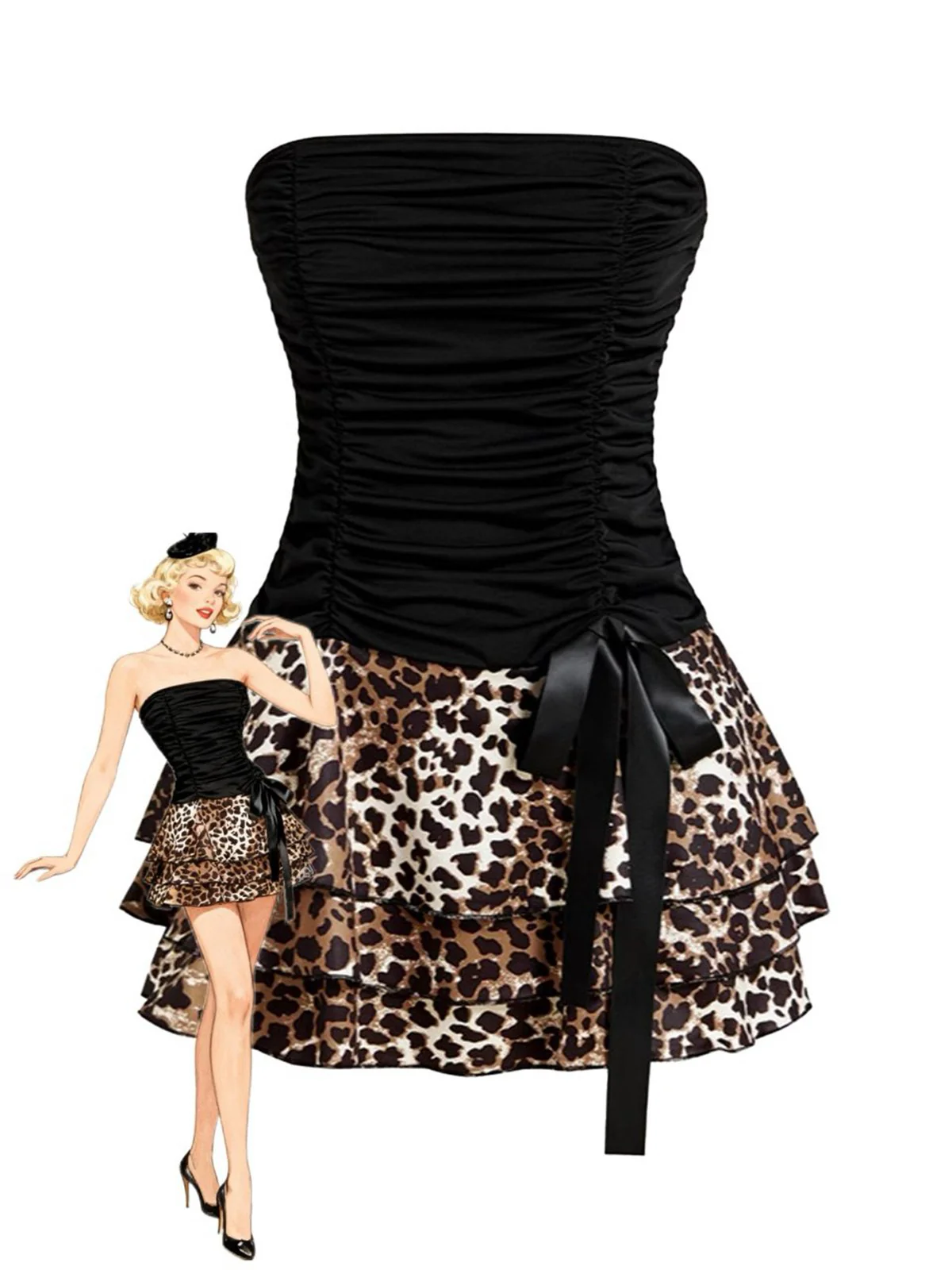 Schwarz 1980er Wickel Leopard Rüschen Binde Mini Kleid