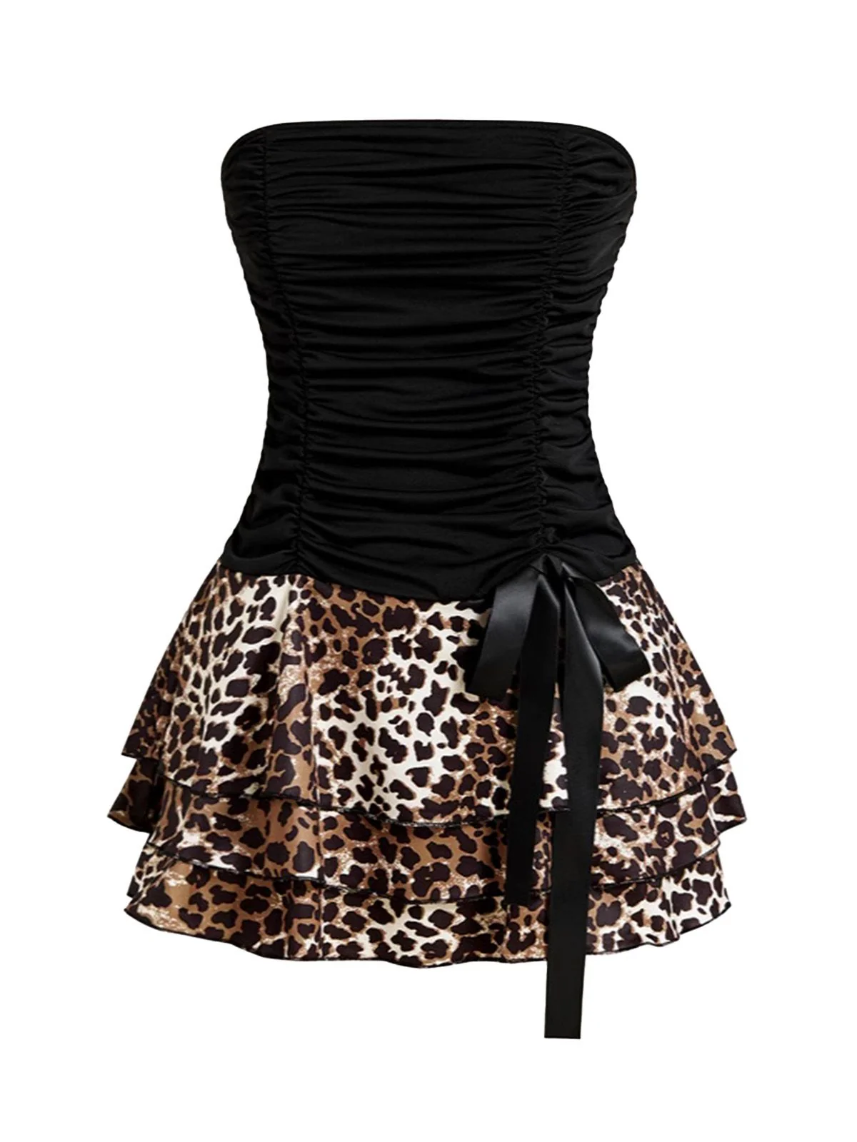 Schwarz 1980er Wickel Leopard Rüschen Binde Mini Kleid - Image 2