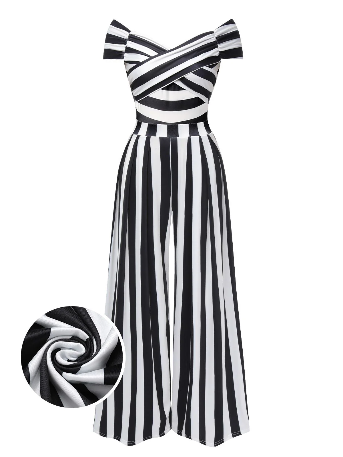 Schwarz Beetlejuice Kostüm 1960er Schulterfrei Stripes Jumpsuit - Image 3