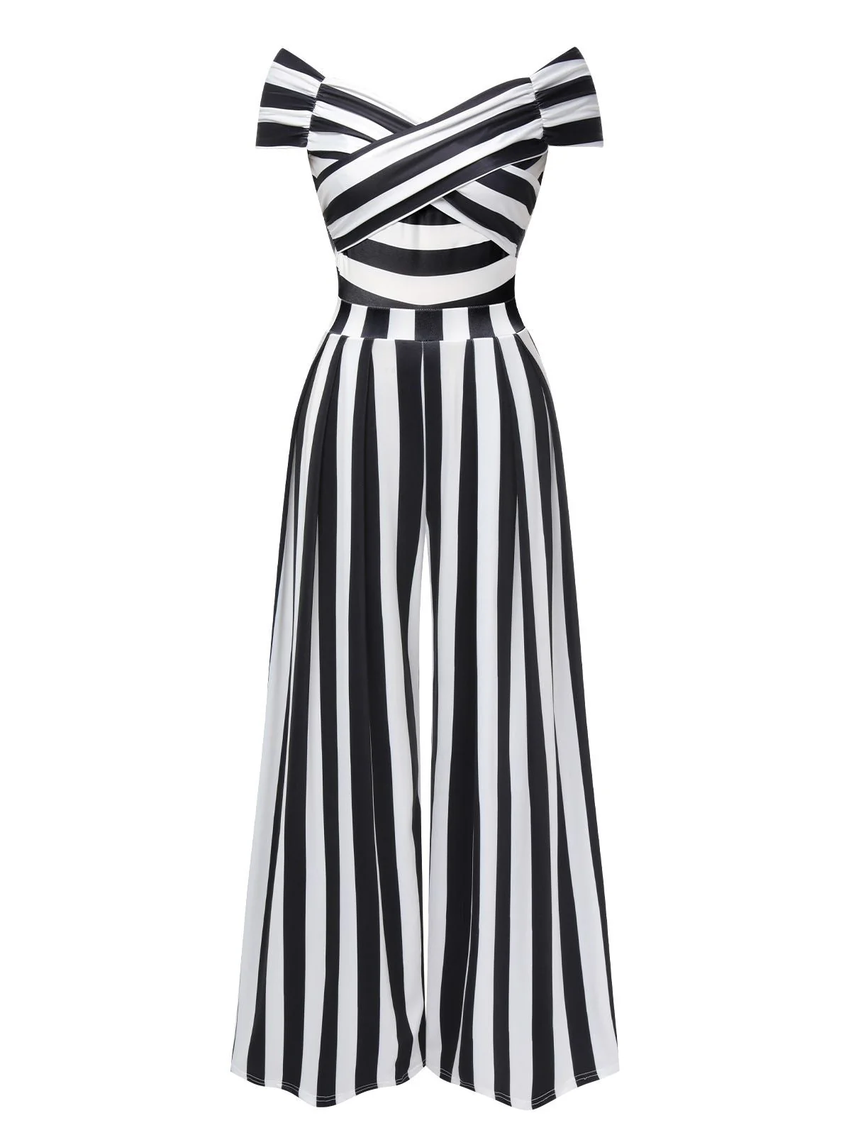 Schwarz Beetlejuice Kostüm 1960er Schulterfrei Stripes Jumpsuit - Image 4