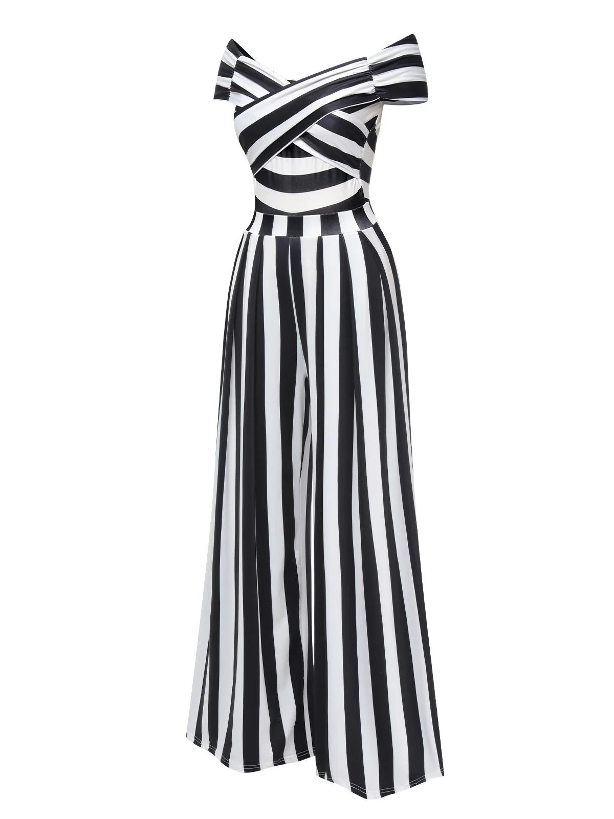 Schwarz Beetlejuice Kostüm 1960er Schulterfrei Stripes Jumpsuit - Image 5