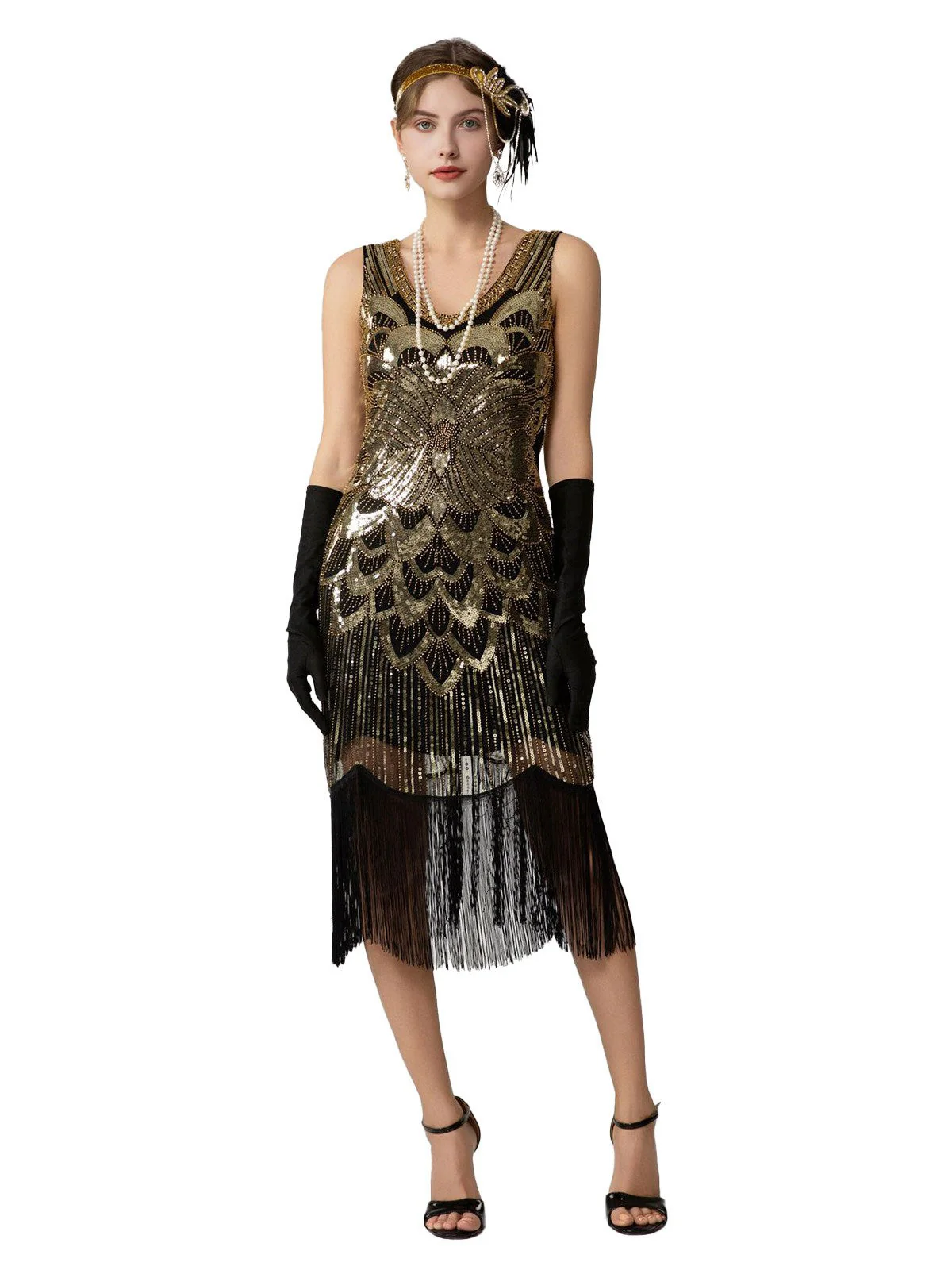 1920er Pailletten Fransen Ärmellos U-Ausschnitt Flapper Kleid - Image 10