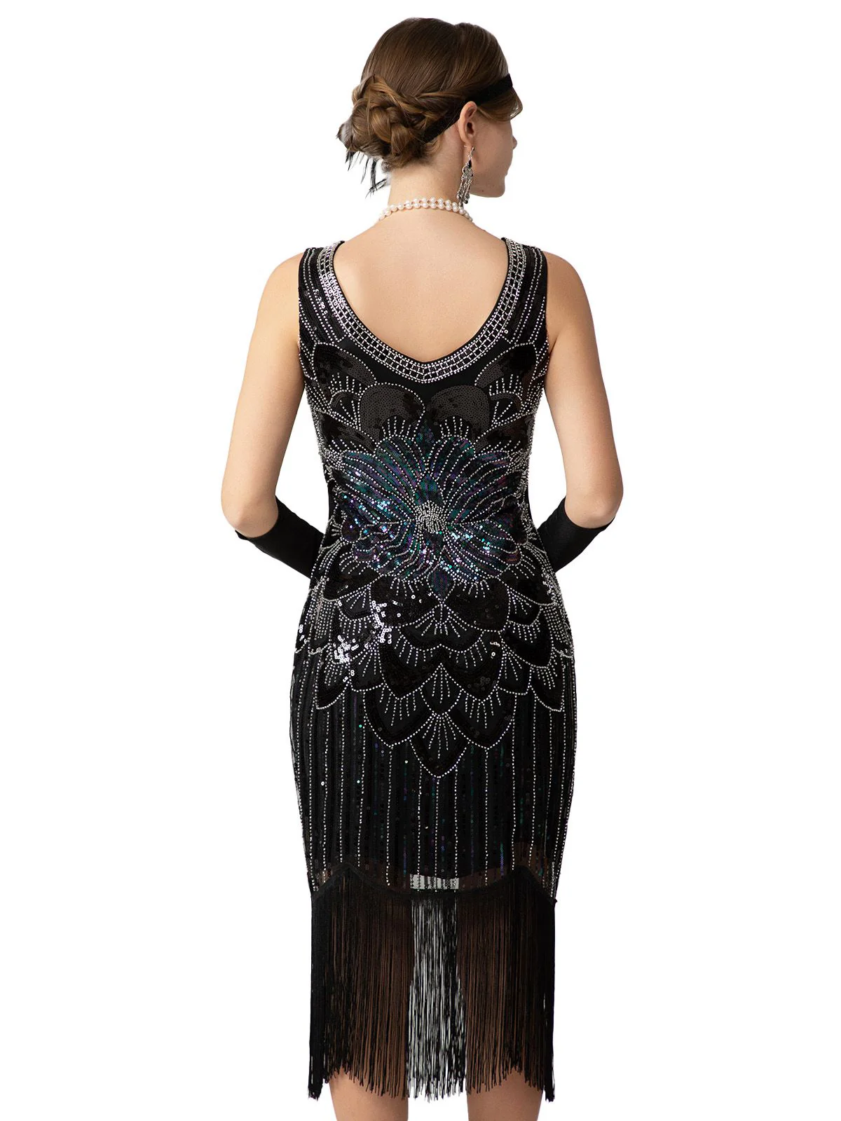 1920er Pailletten Fransen Ärmellos U-Ausschnitt Flapper Kleid - Image 5