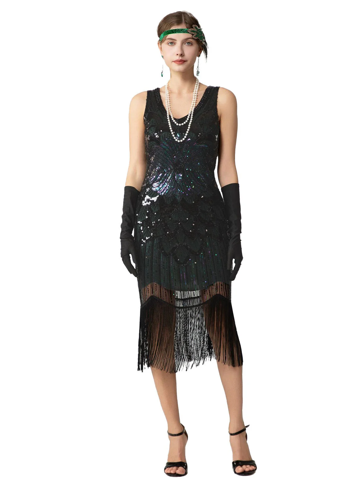 1920er Pailletten Fransen Ärmellos U-Ausschnitt Flapper Kleid - Image 6