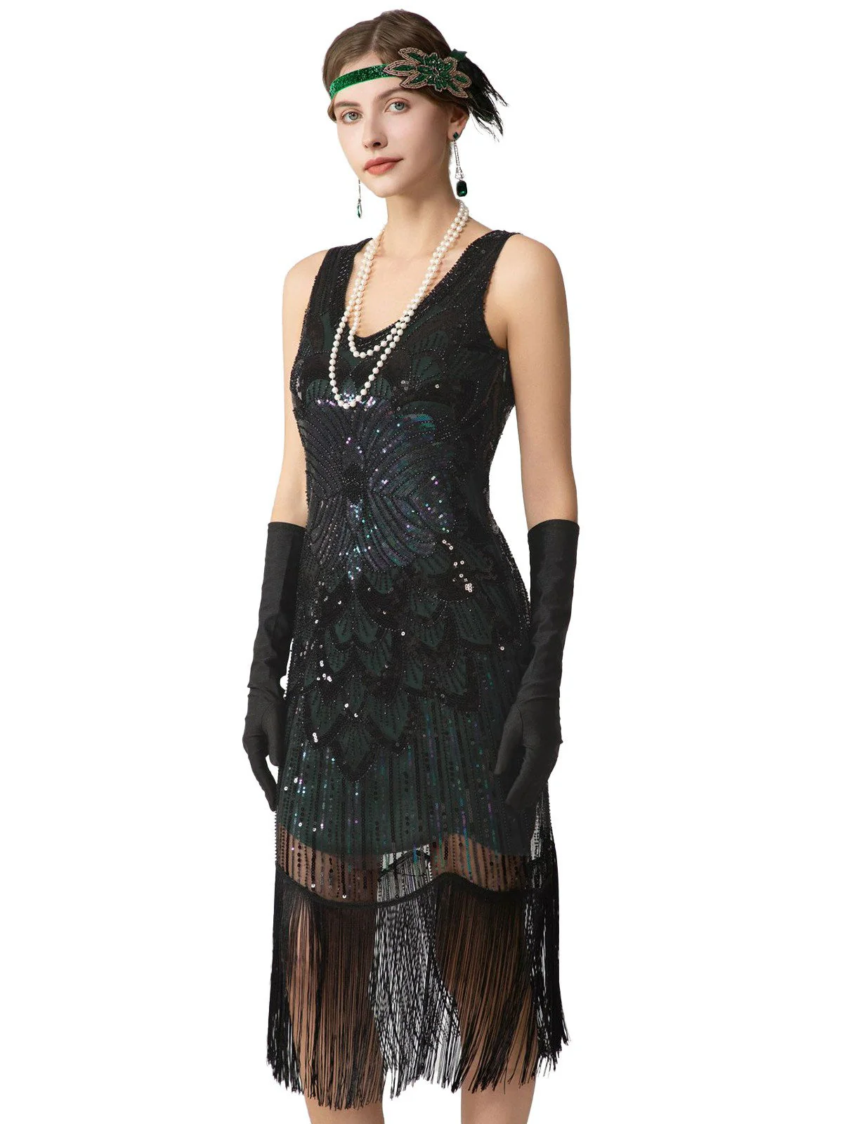 1920er Pailletten Fransen Ärmellos U-Ausschnitt Flapper Kleid - Image 7