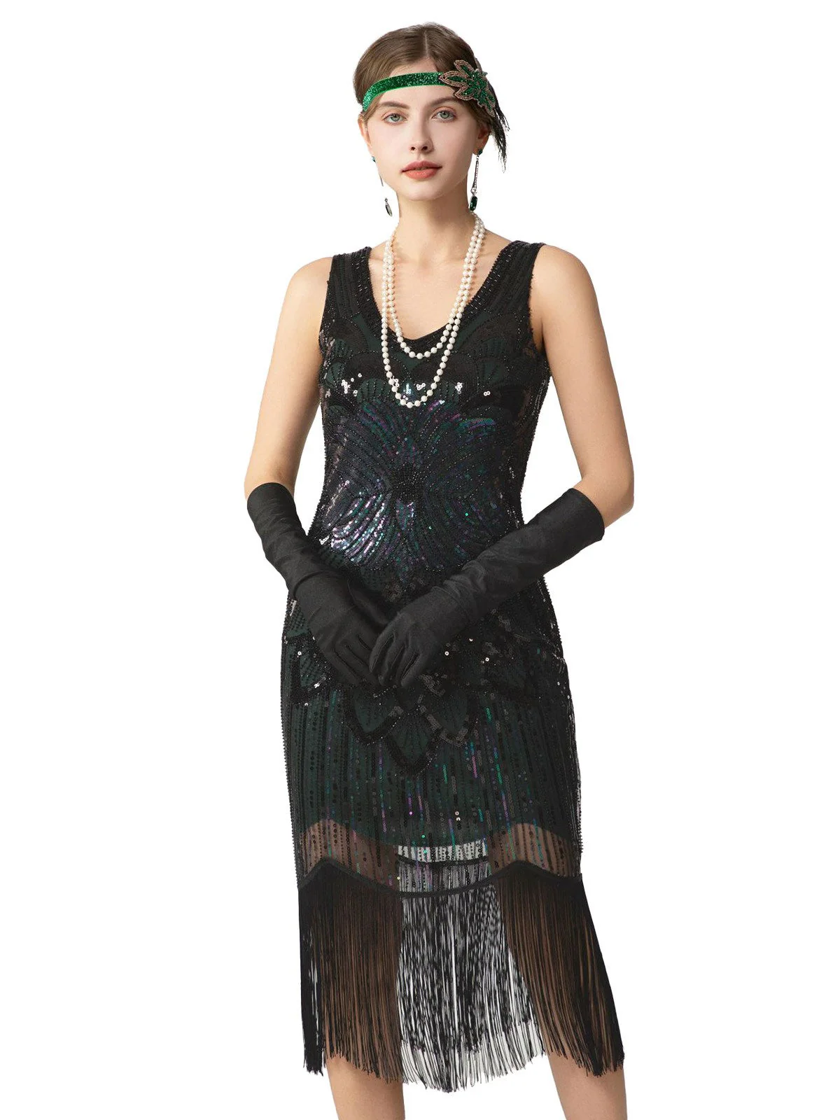 1920er Pailletten Fransen Ärmellos U-Ausschnitt Flapper Kleid - Image 8