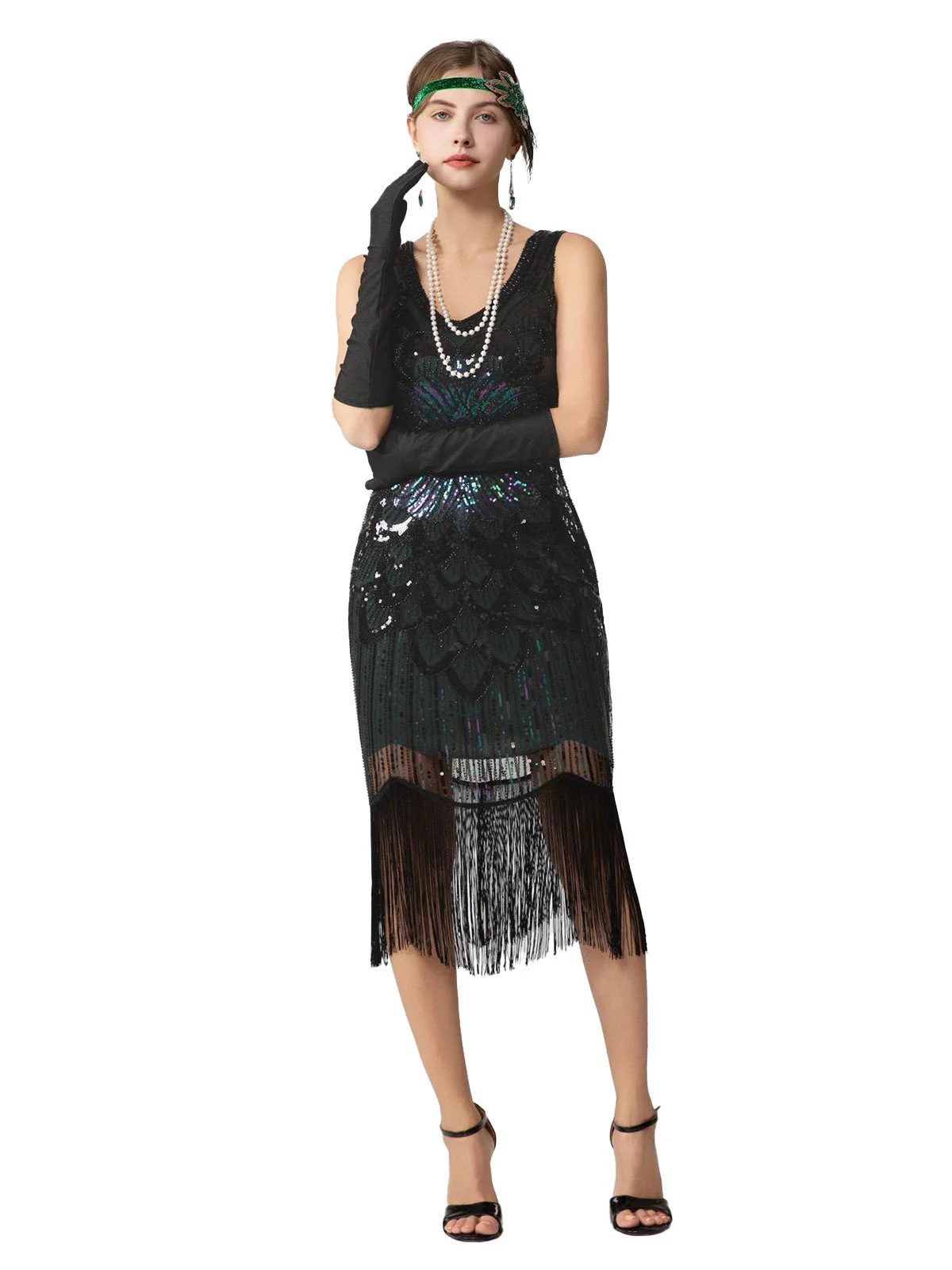 1920er Pailletten Fransen Ärmellos U-Ausschnitt Flapper Kleid - Image 9