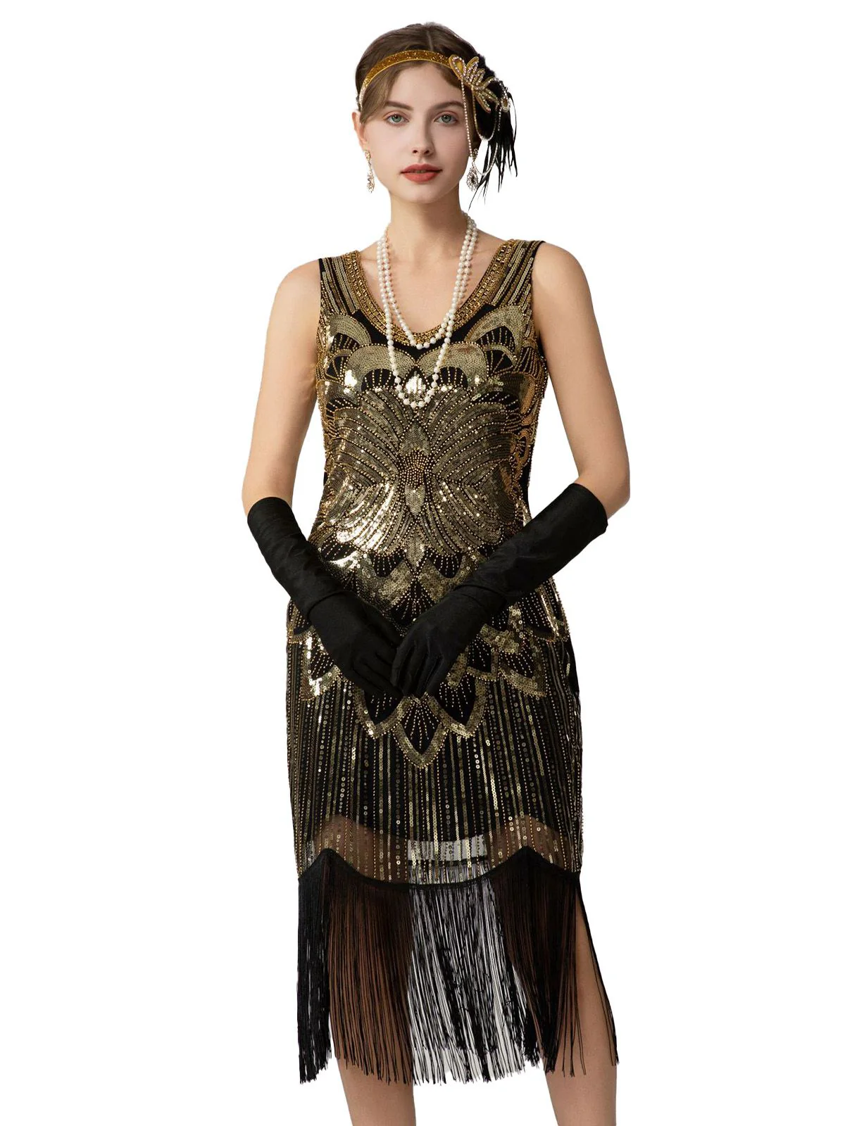 1920er Pailletten Fransen Ärmellos U-Ausschnitt Flapper Kleid - Image 11