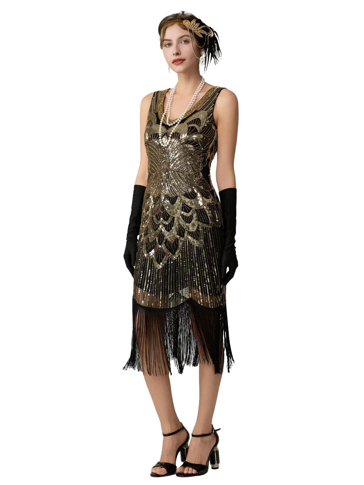 1920er Pailletten Fransen Ärmellos U-Ausschnitt Flapper Kleid - Image 12