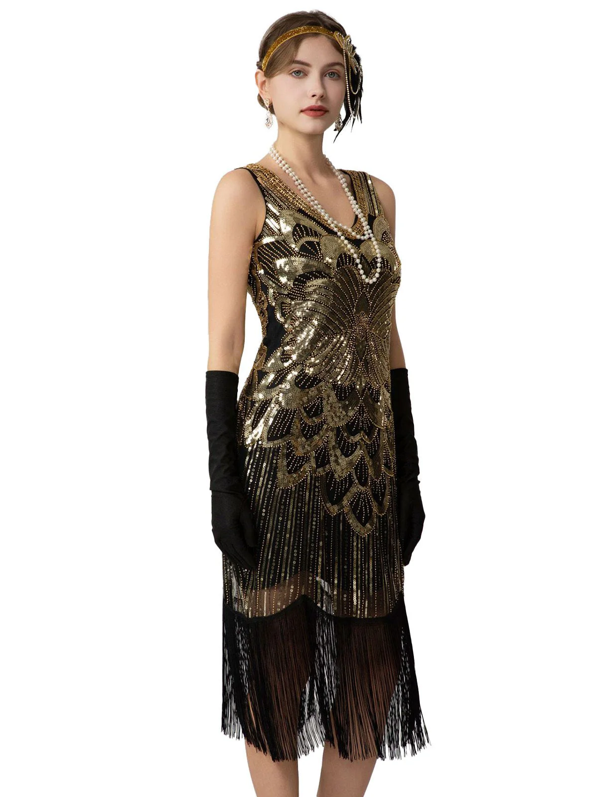 1920er Pailletten Fransen Ärmellos U-Ausschnitt Flapper Kleid - Image 13