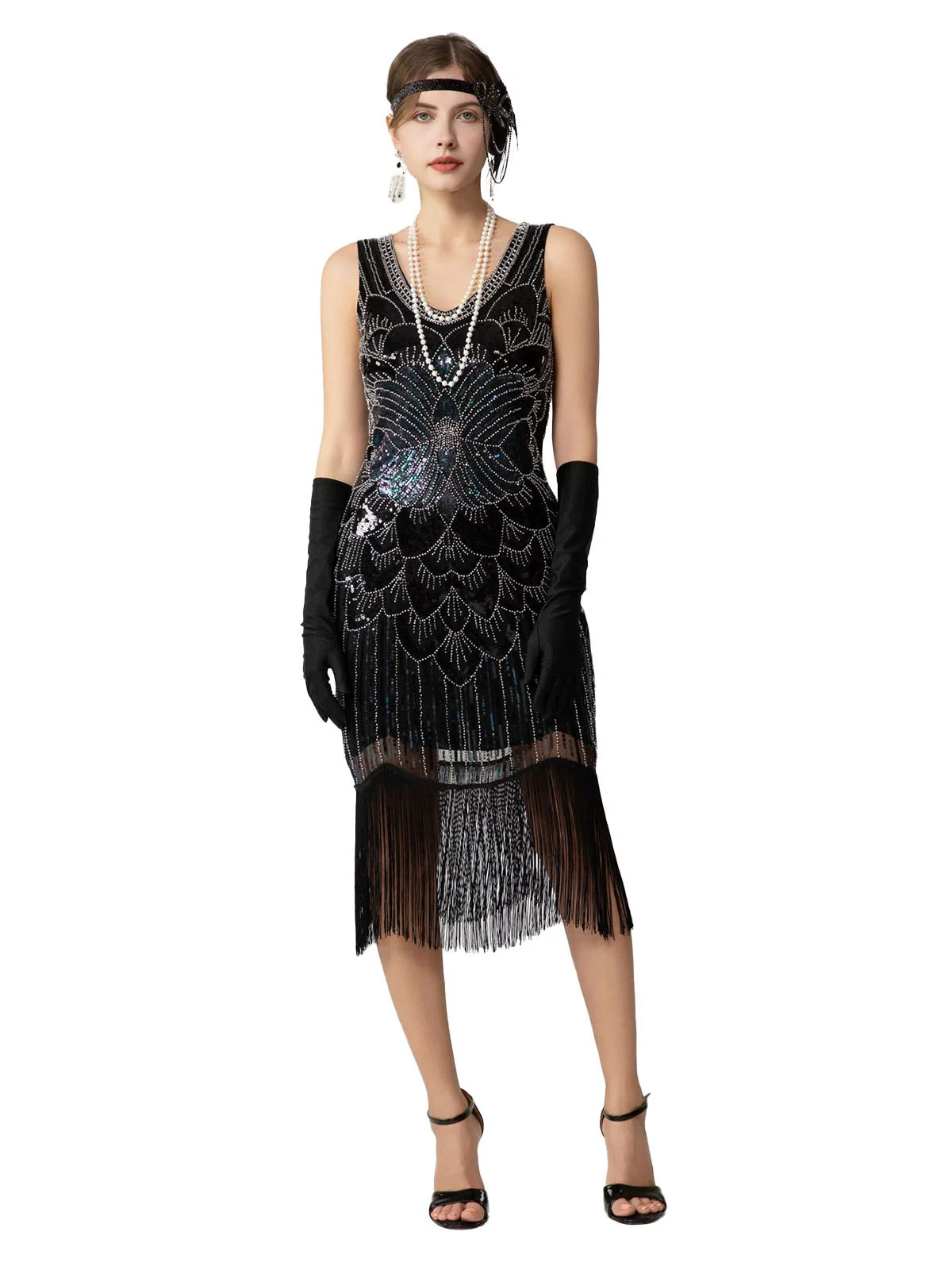 1920er Pailletten Fransen Ärmellos U-Ausschnitt Flapper Kleid