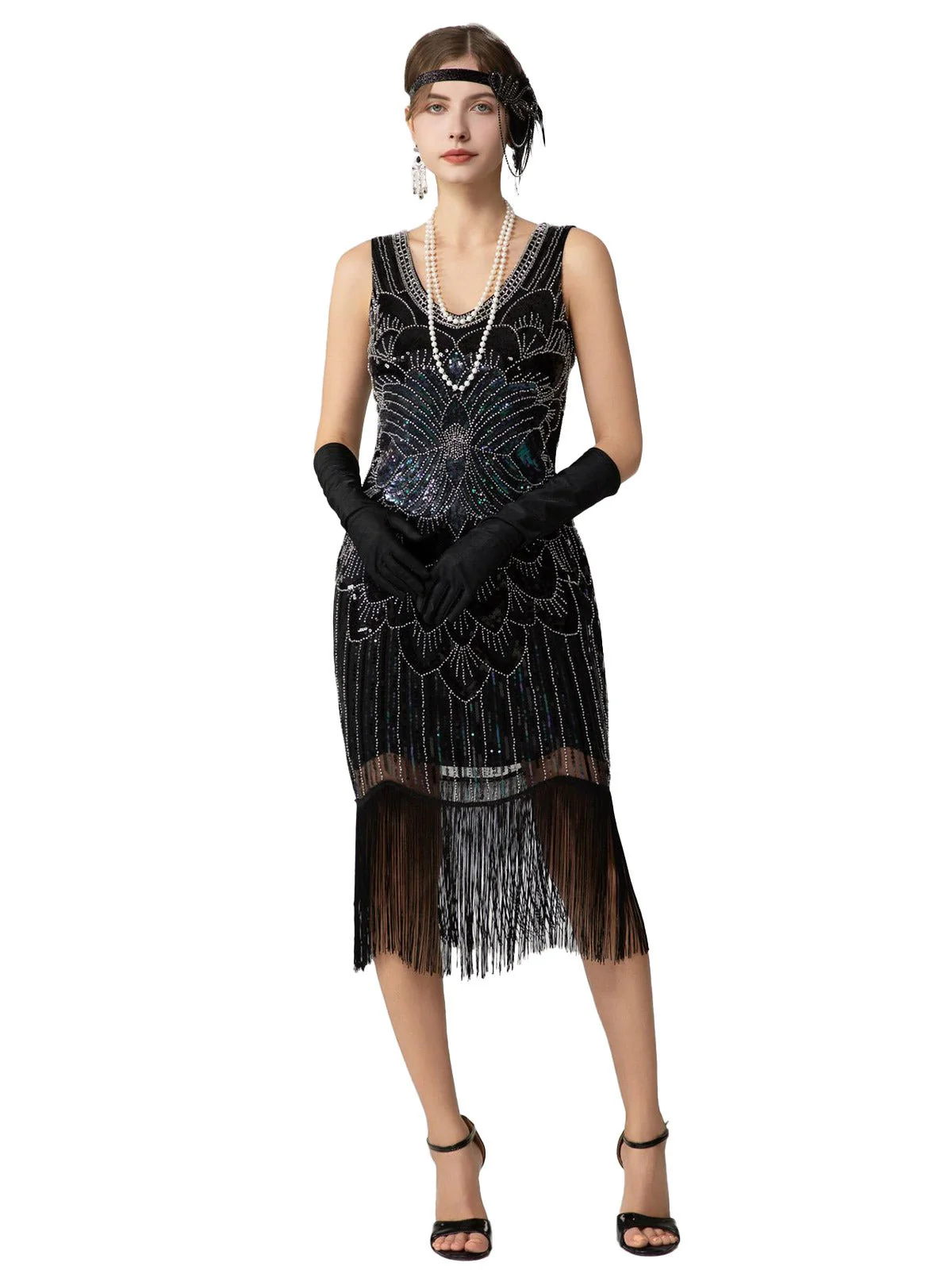 1920er Pailletten Fransen Ärmellos U-Ausschnitt Flapper Kleid - Image 2