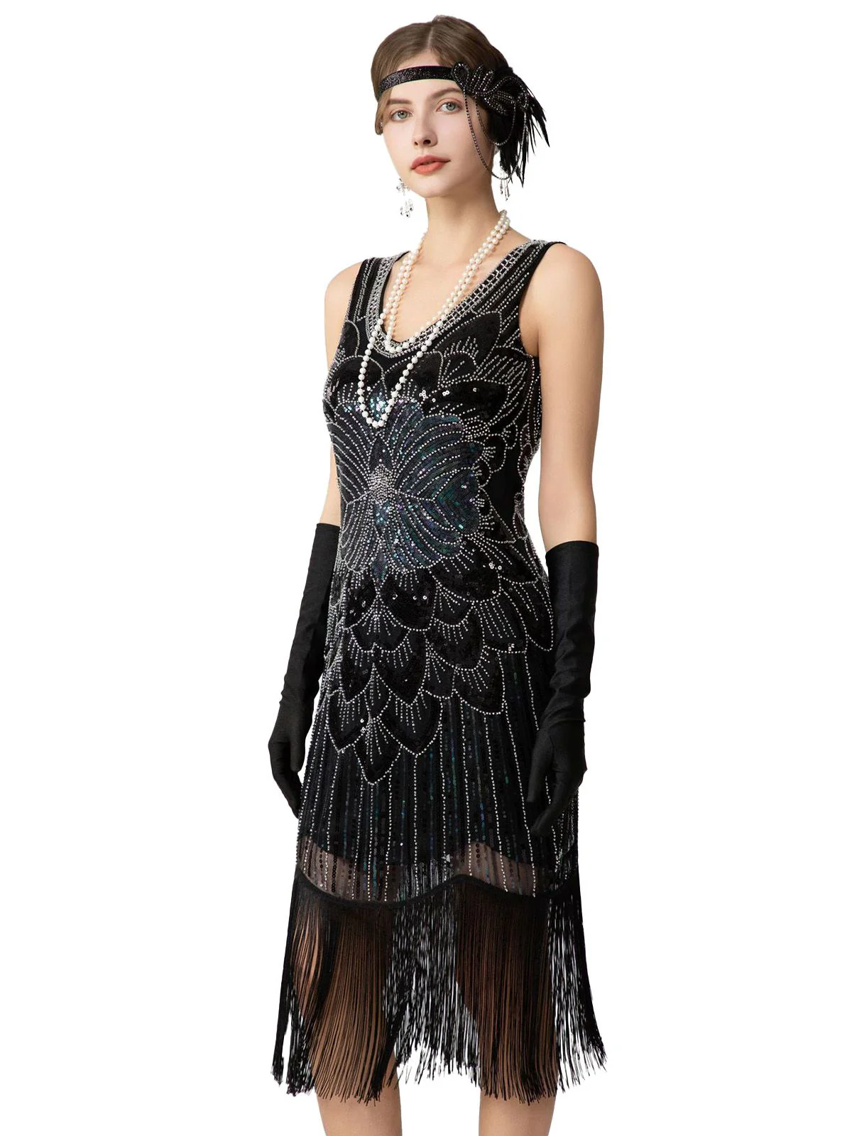 1920er Pailletten Fransen Ärmellos U-Ausschnitt Flapper Kleid - Image 3