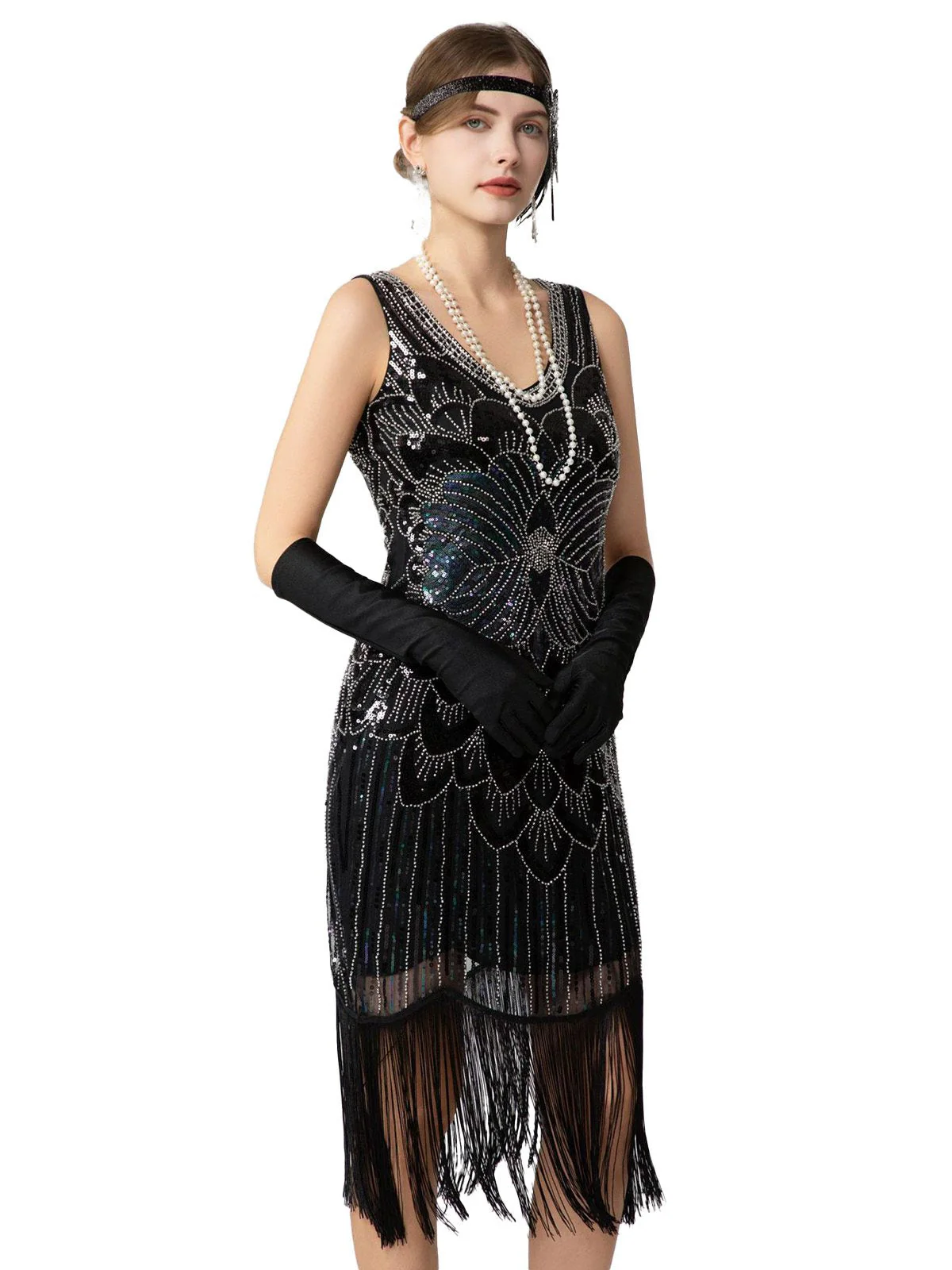 1920er Pailletten Fransen Ärmellos U-Ausschnitt Flapper Kleid - Image 4