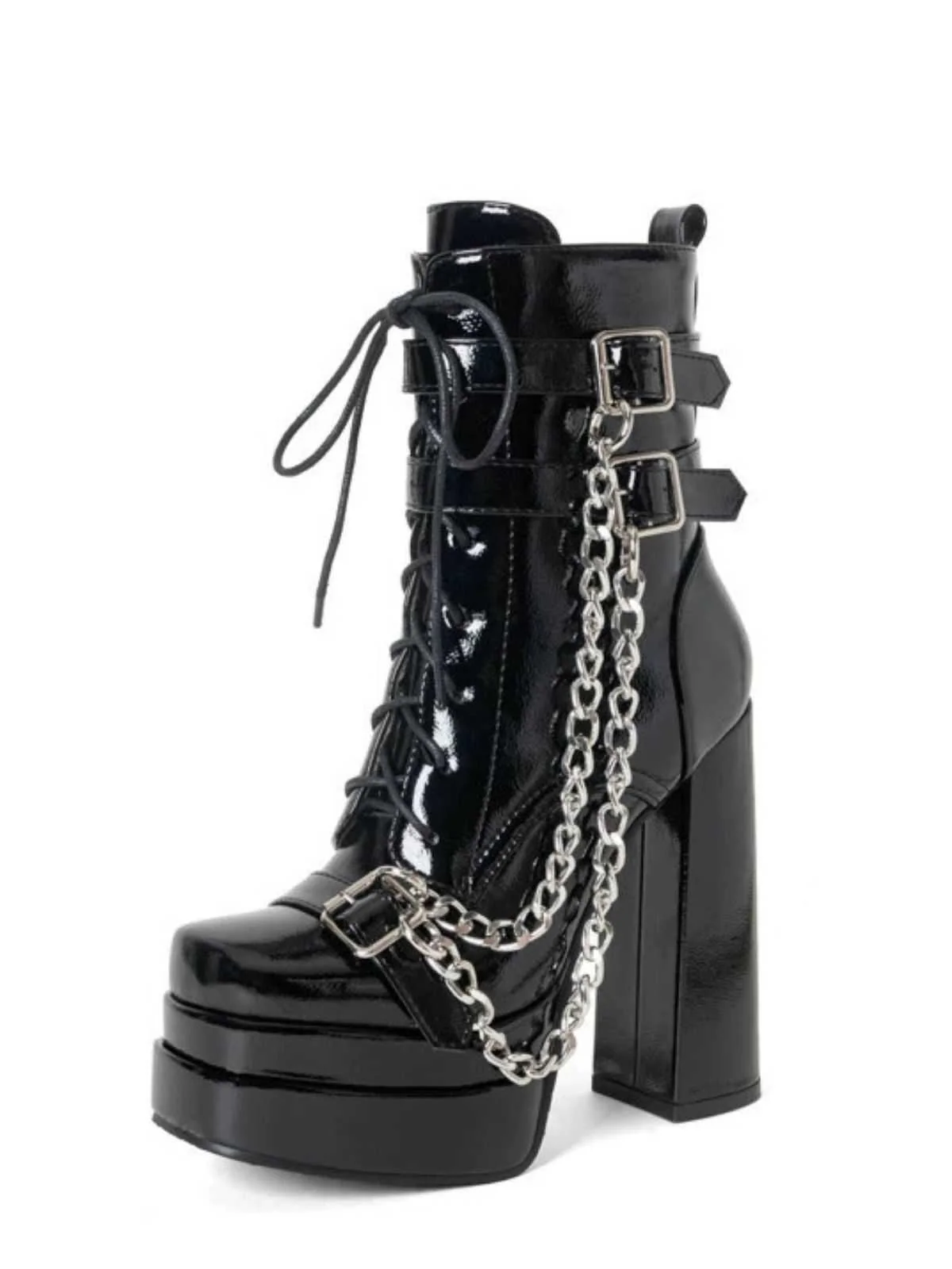 Schwarz Patent Chains Gothic High Heels Stiefel - Image 4