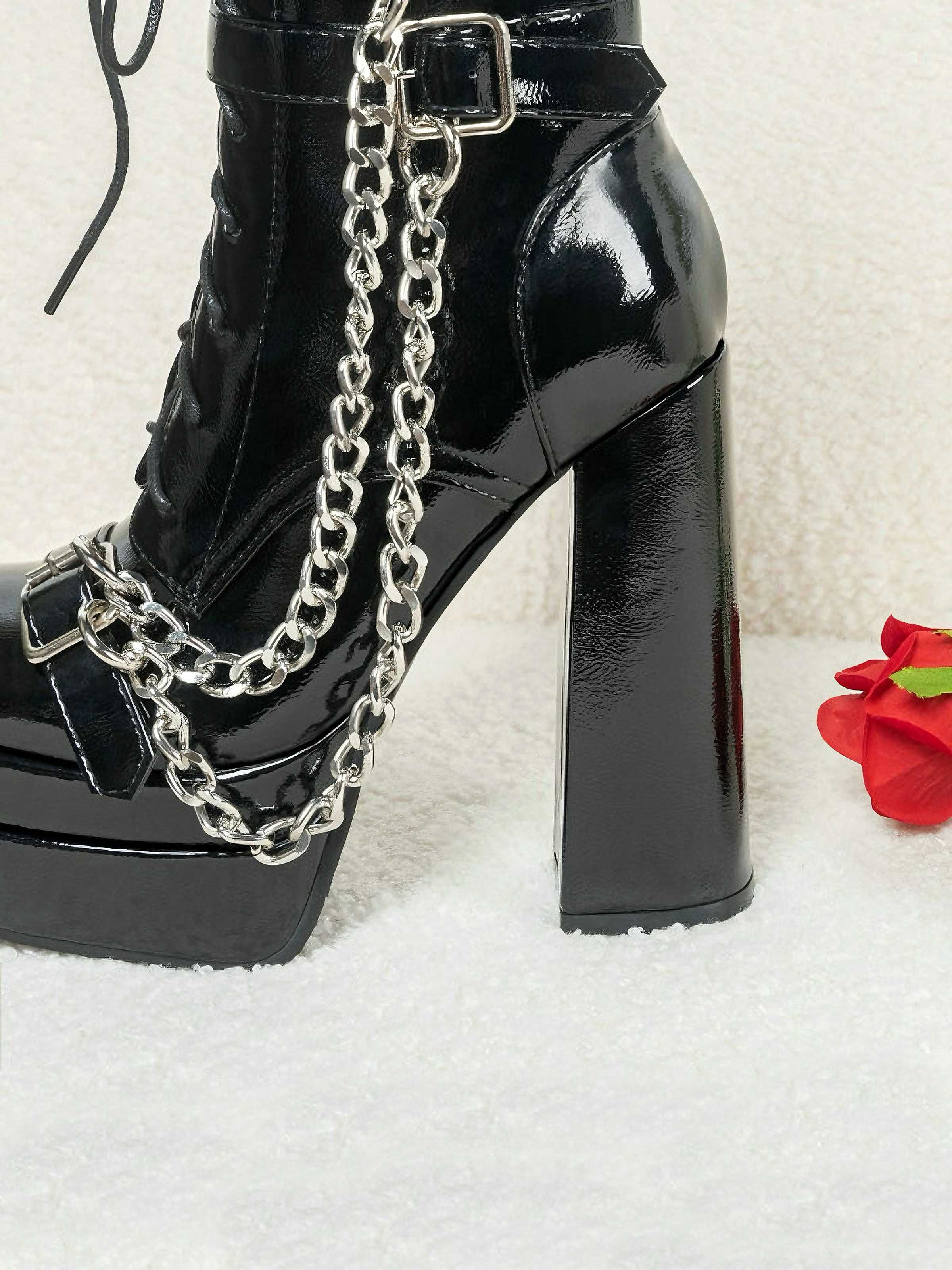 Schwarz Patent Chains Gothic High Heels Stiefel - Image 5