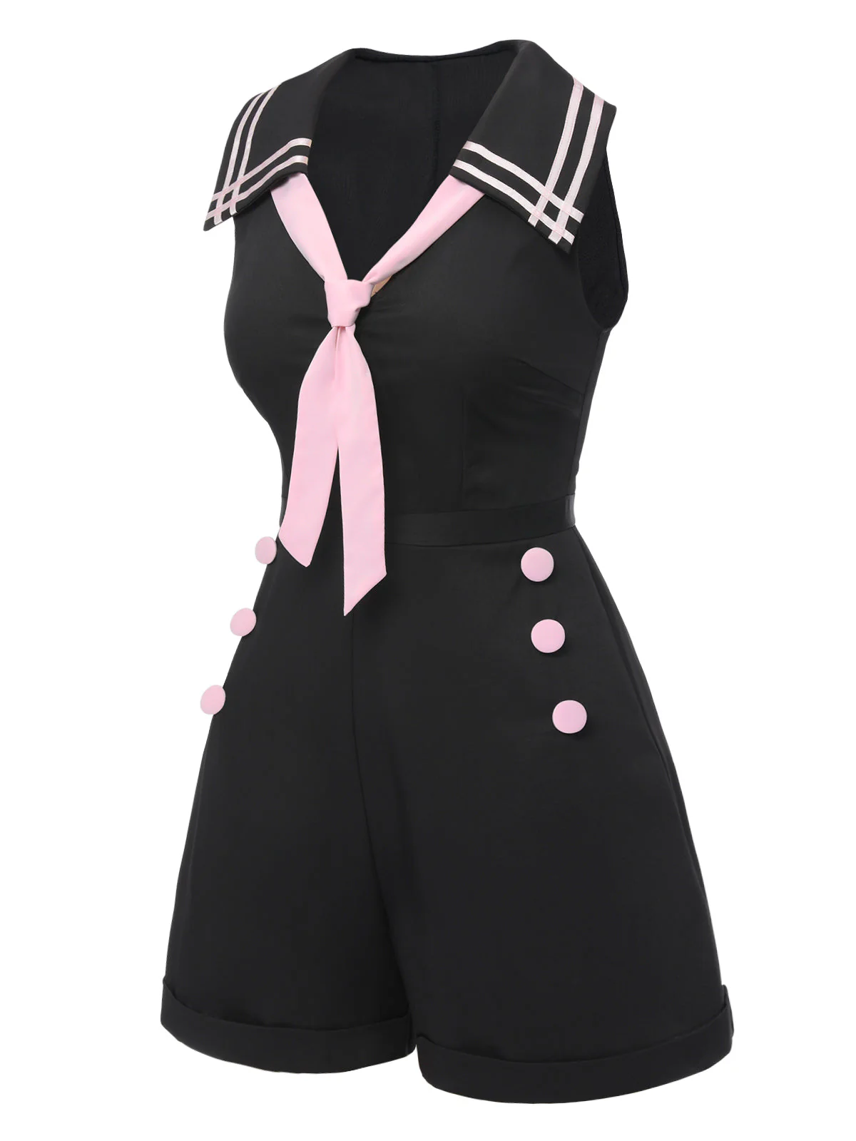 Schwarz & Rosa 1950er Solide Krawatte Revers Romper - Image 3