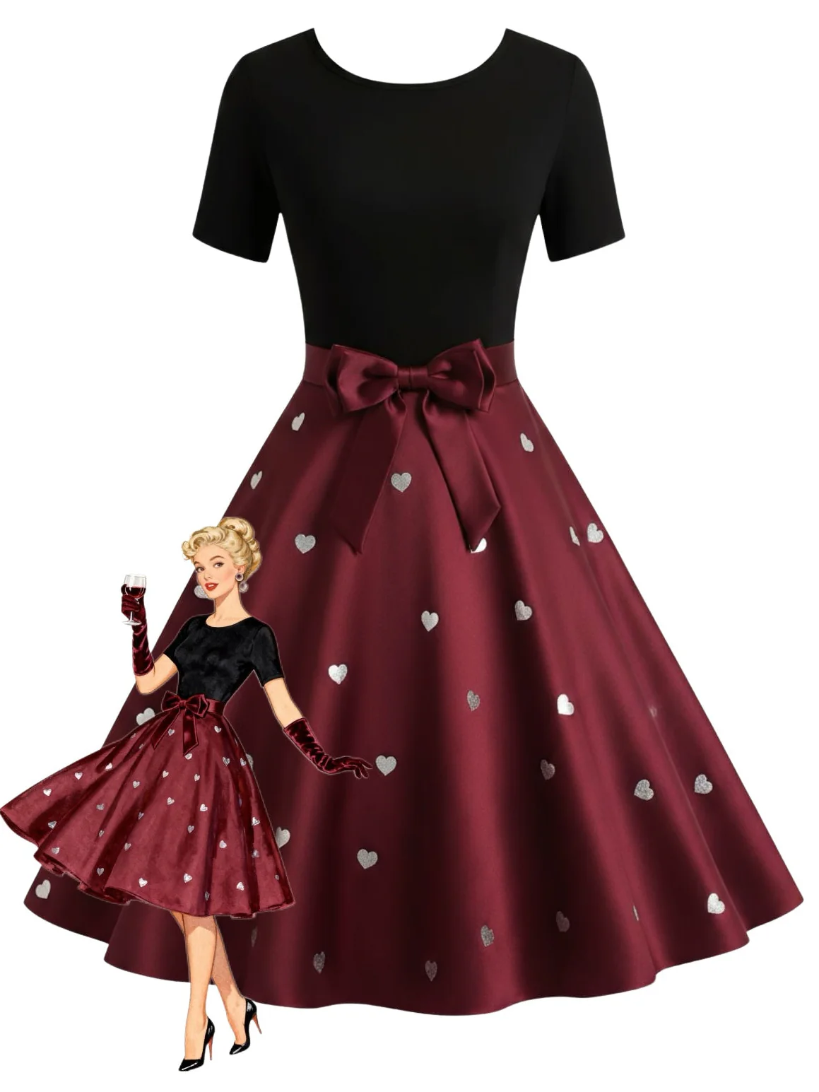 Schwarz & Rot 1950er Herz Bogen Swing Kleid