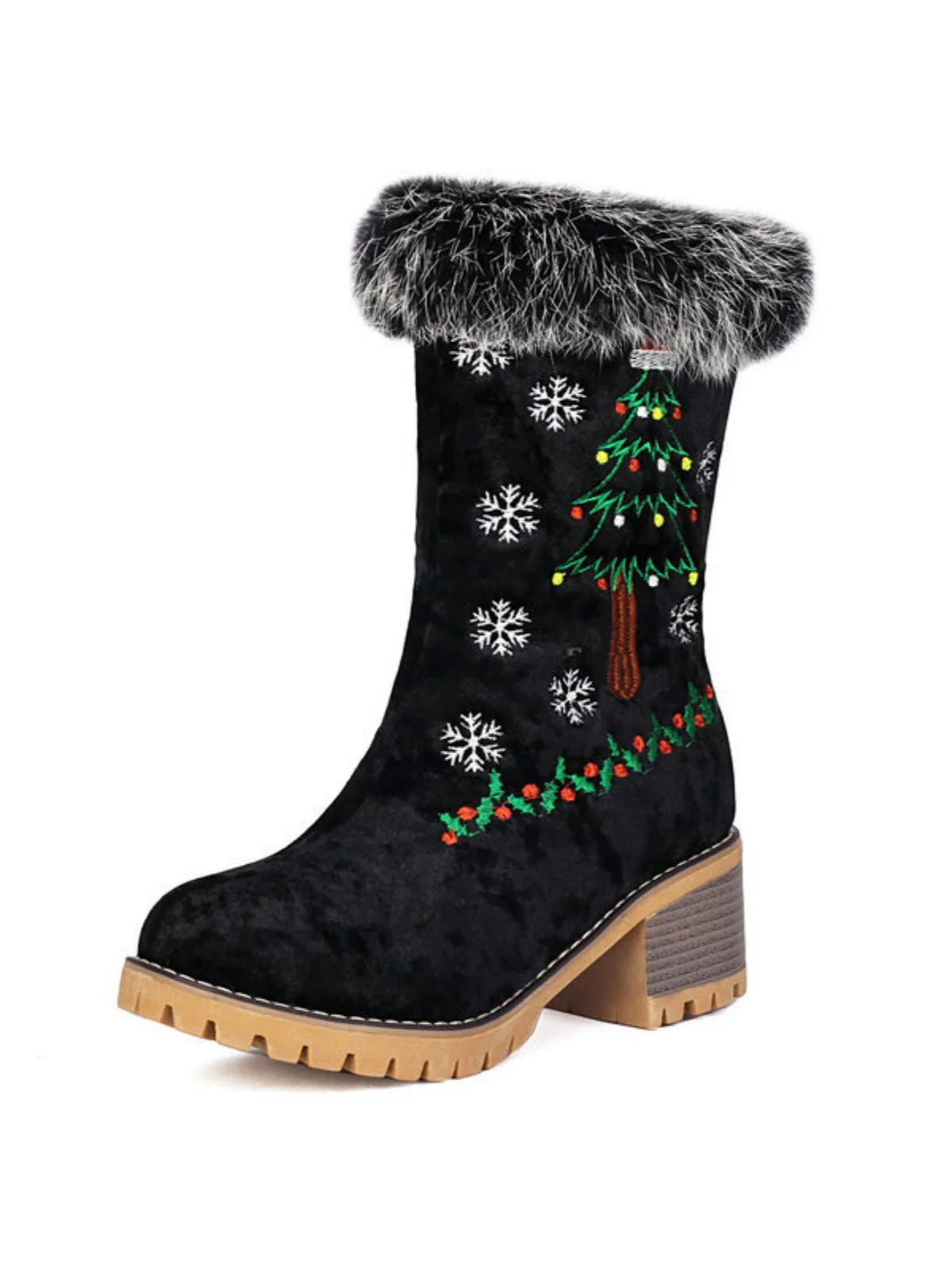 Vintage Weihnachtsbaum Schneeflocke Plüsch Klobig Ferse Stiefel - Image 4
